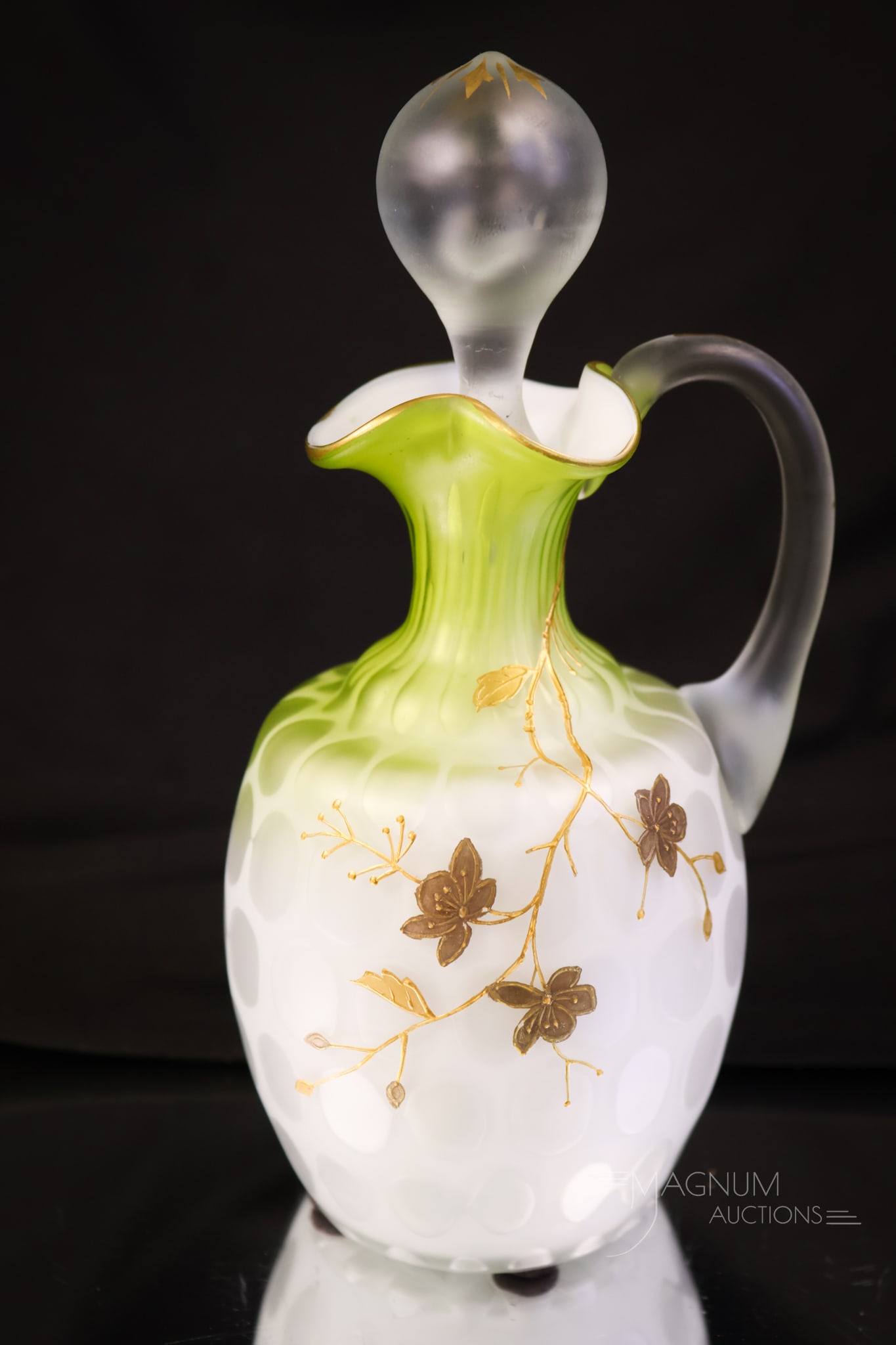 Rare Green Satin Mother of Pearl Gilt Decorated Victorian Glass Cruet (1 of 7)