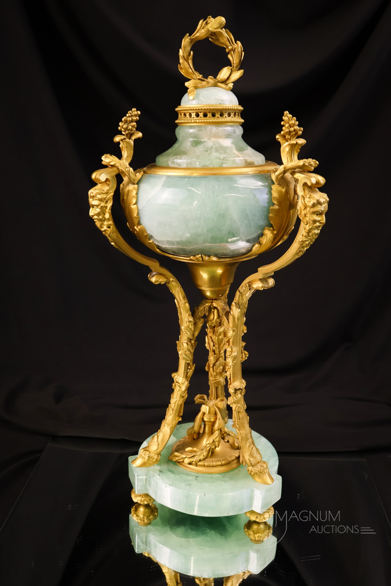 French Louis IVI Style Cassolette Gilt Bronze Semi-Precious Stone Urn Perfume Urn: A beautiful sea green French Louis IVI style cassolette or perfume urn. This piece features gilt bronze details and sea green semi-precious stone. The piece measures 15" tall and 6 1/4" wide.