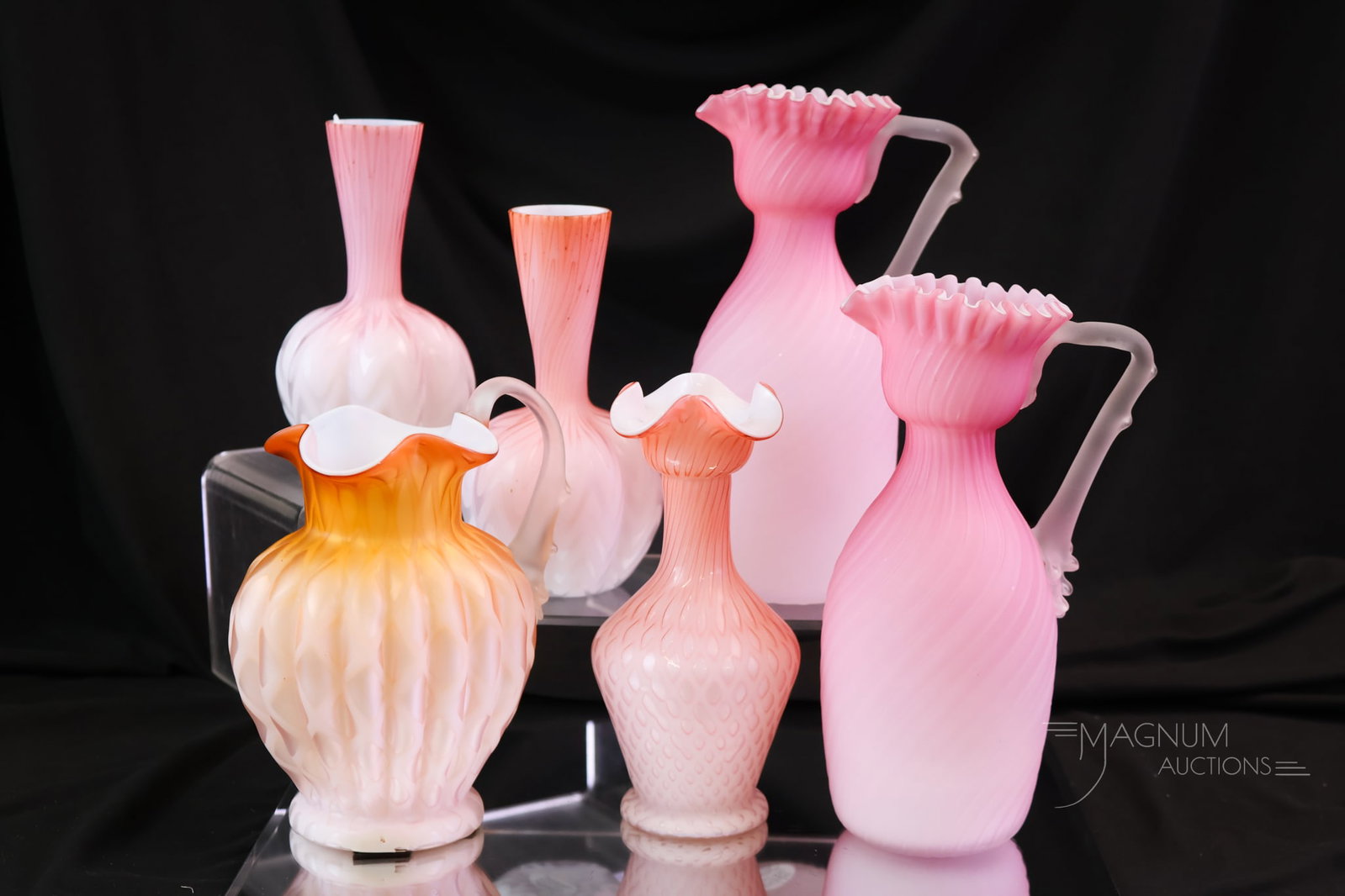 6 pc Lot Victorian Mother of Pearl & Satin Glass: Six nice finds in Victorian satin glass and mother-of-pearl glass for your bidding pleasure. This lot includes a pair of pink satin swirl ewers with thorn handles. A pair of pink Herringbone pattern v