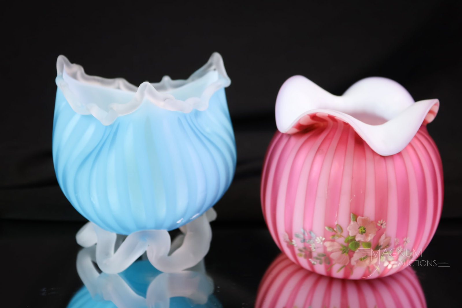 2 pc Lot Victorian Mother of Pearl Satin Stripe Glass Rose Bowls (1 of 7)