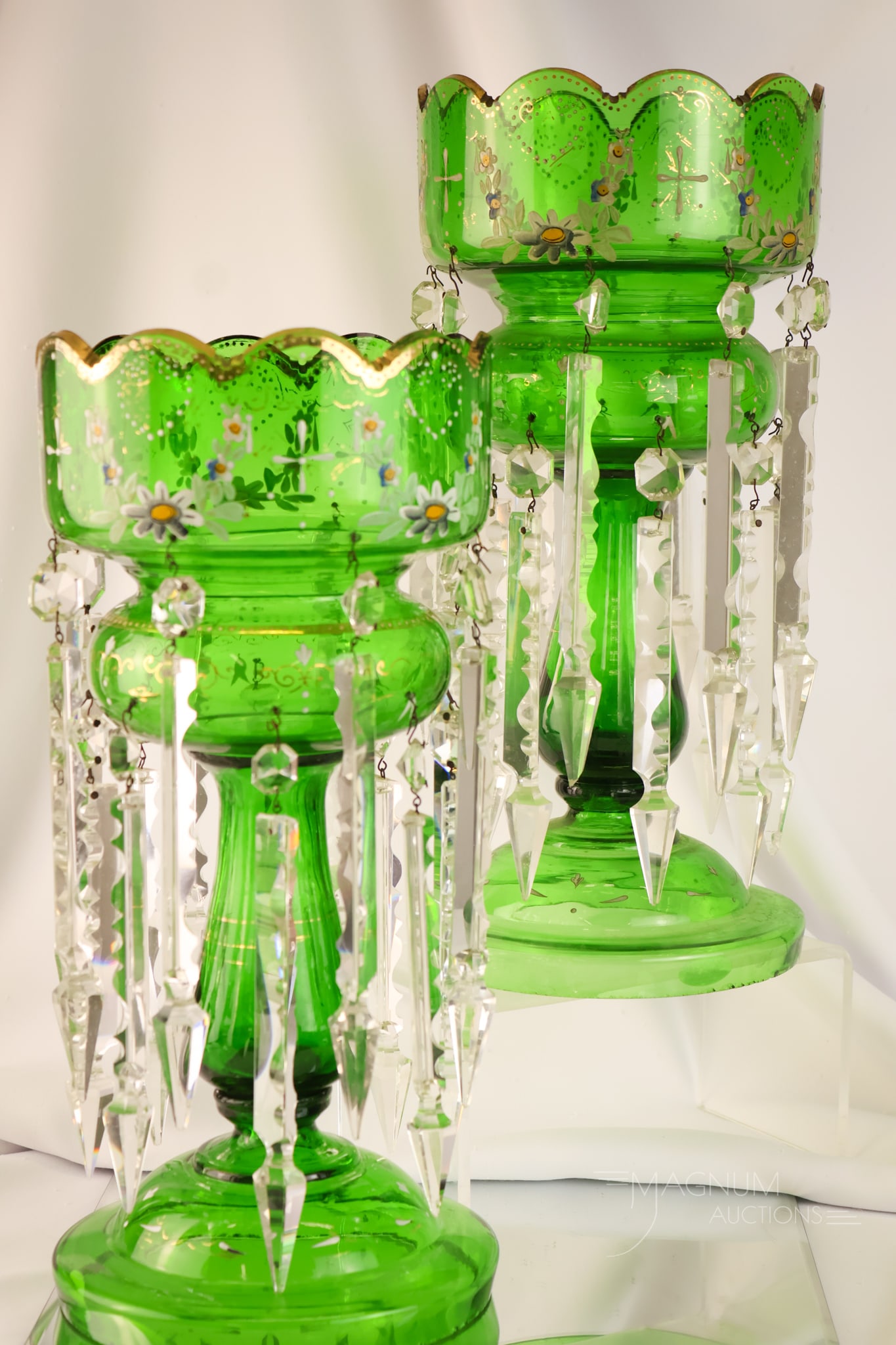 Pair 14 1/2" Victorian Emerald Green Gilt Enameled Mantle Lusters (1 of 12)