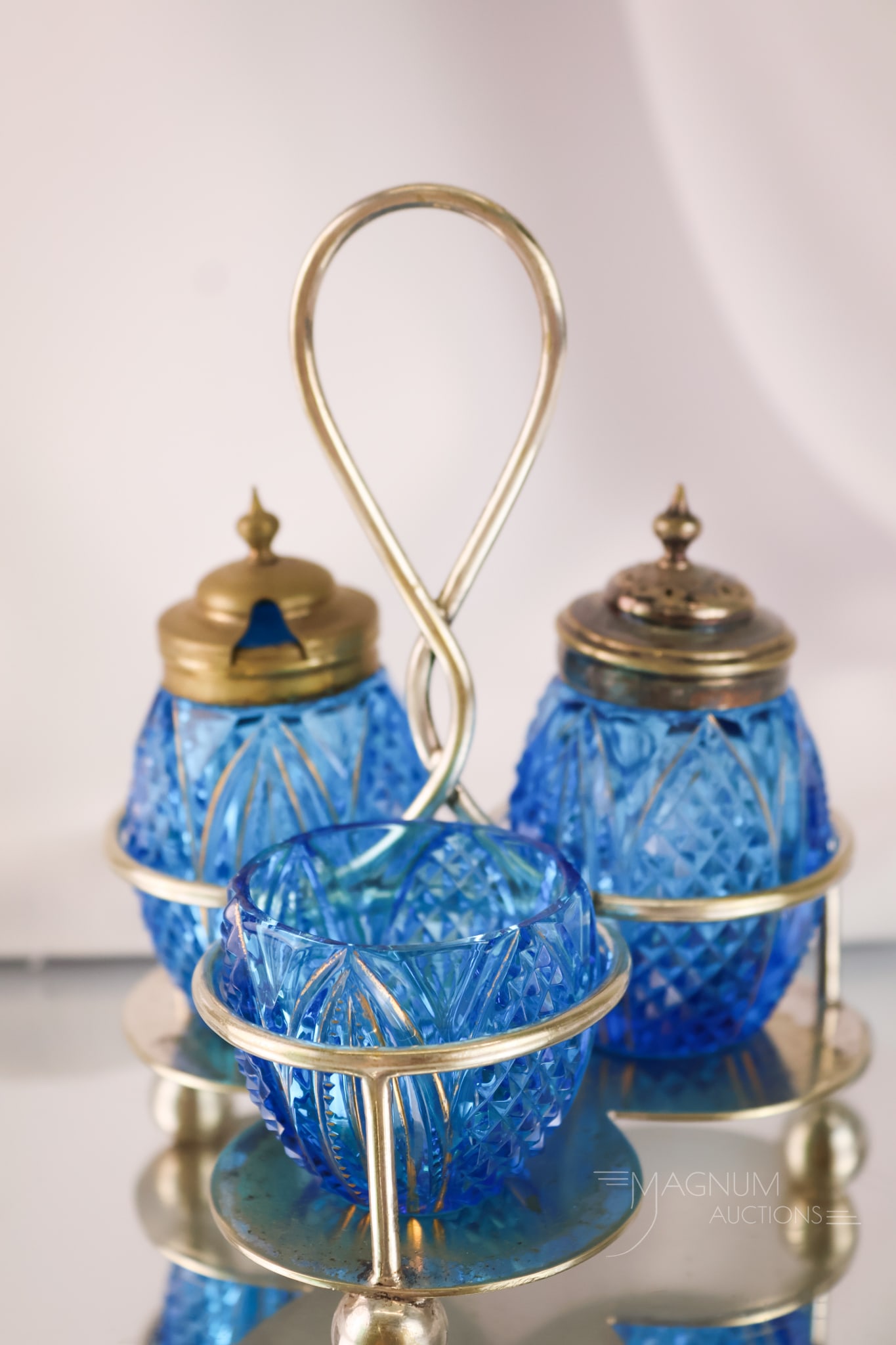Marked EPNS Silverplate Gilt Blue Cut Glass Condiment Set (1 of 8)