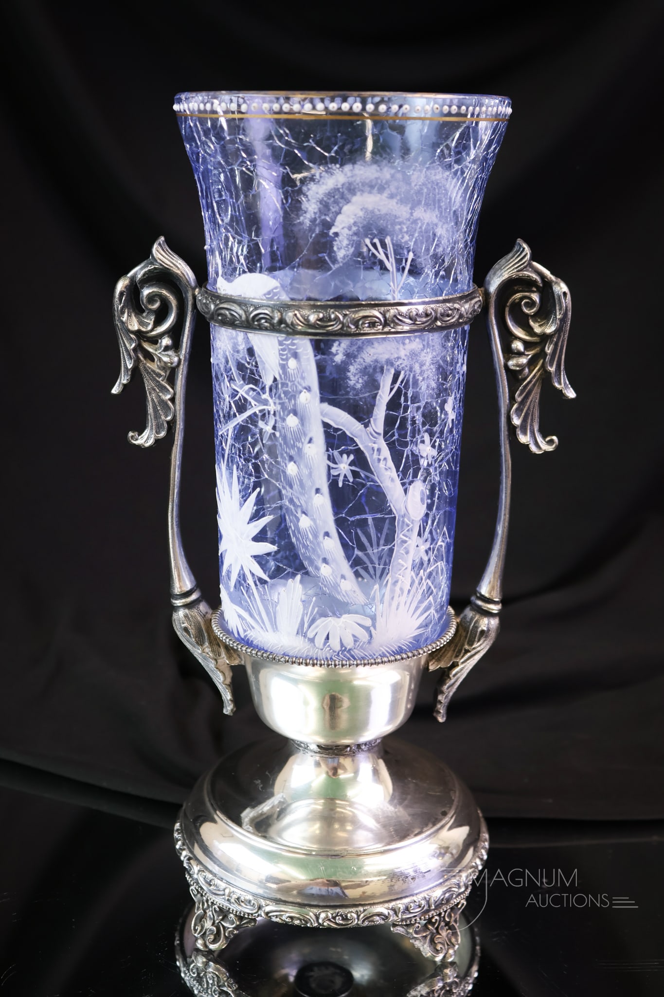 Forbes Silverplate Peacock Enamelled Craquelle Glass Celery Castor (1 of 10)