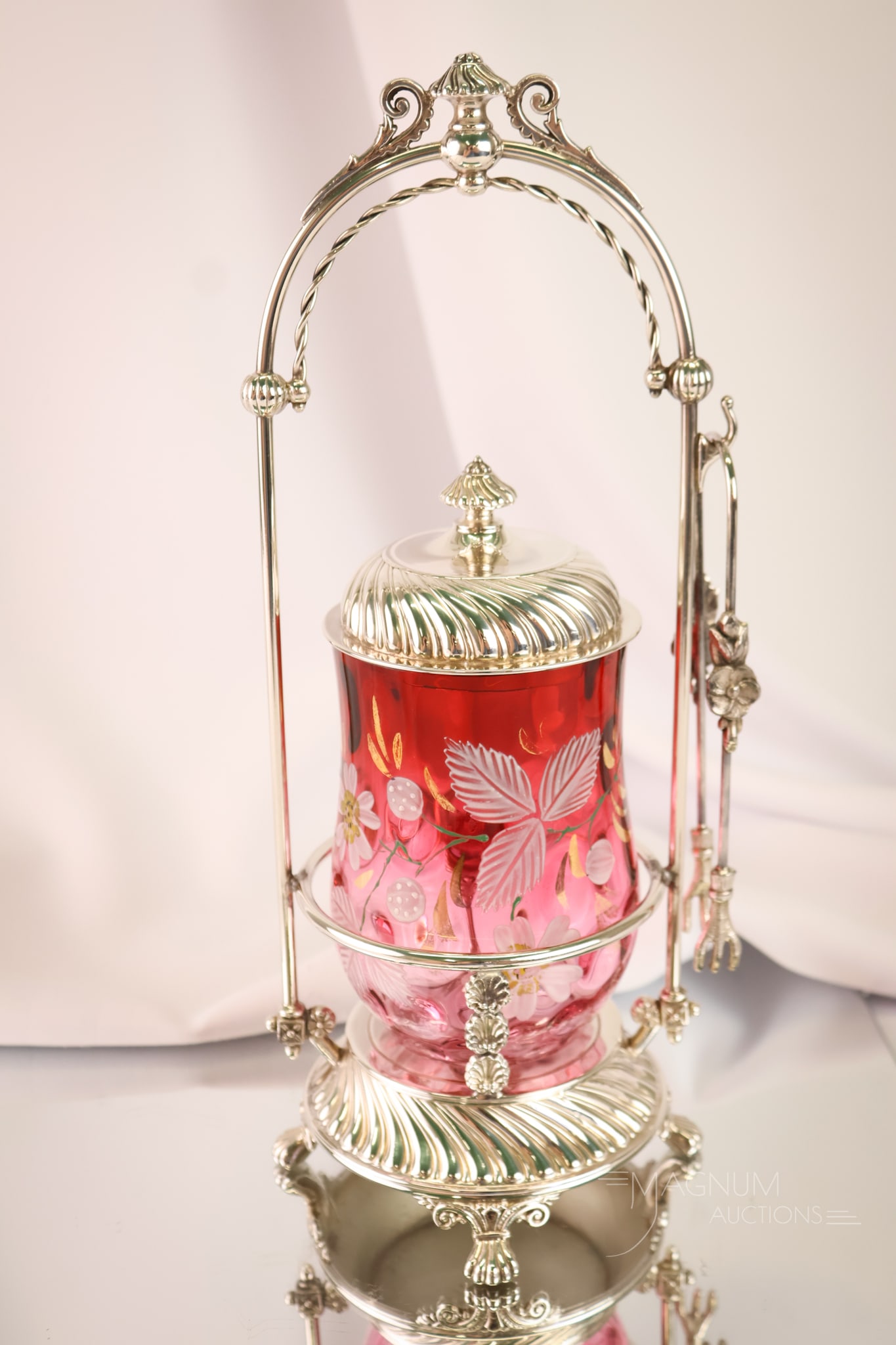 Middletown Victorian Silverplate Cranberry Enamelled Glass Pickle Castor (1 of 10)