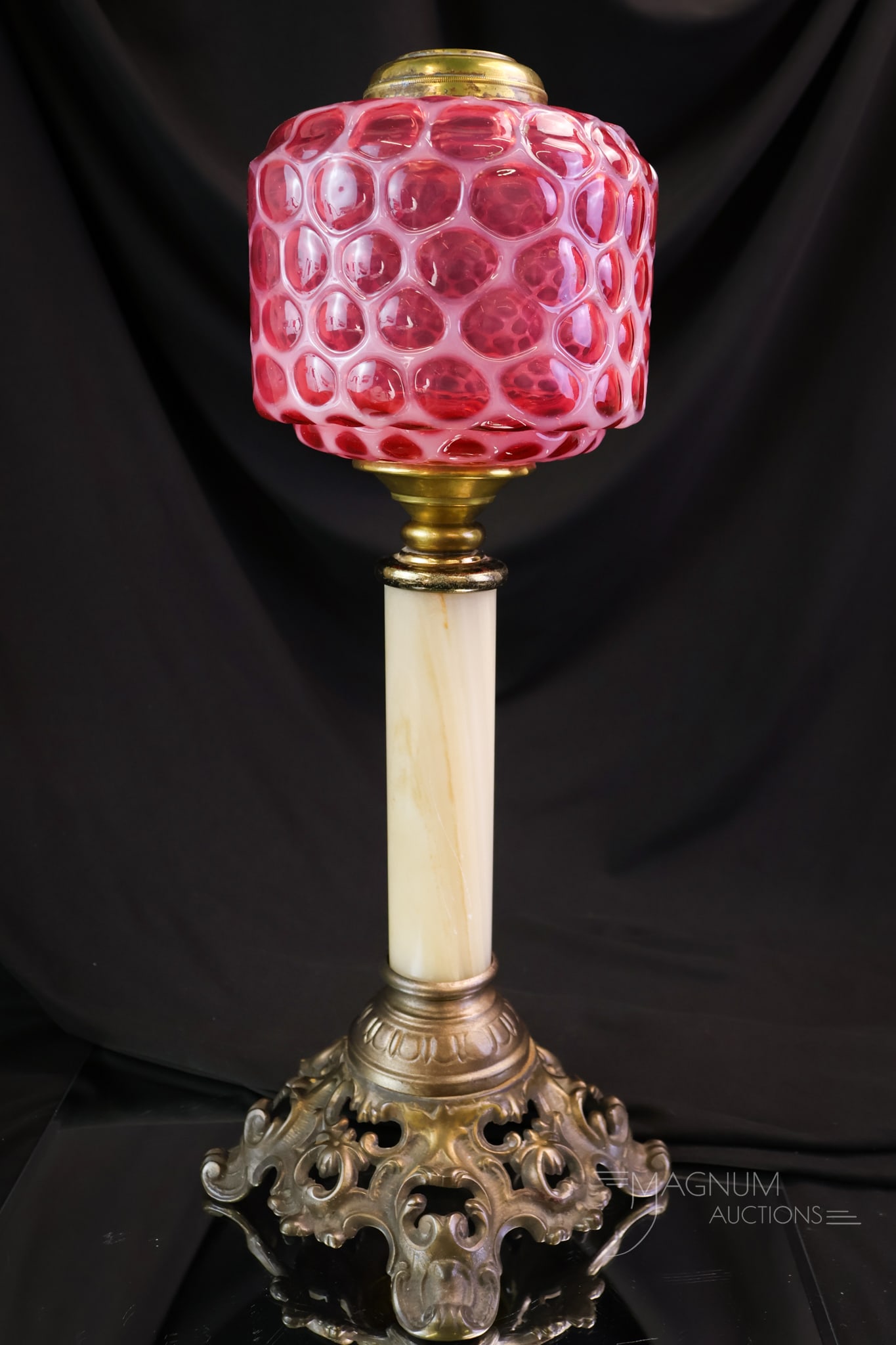 Victorian Cranberry Opalescent Honeycomb Onyx Oil Lamp (1 of 7)