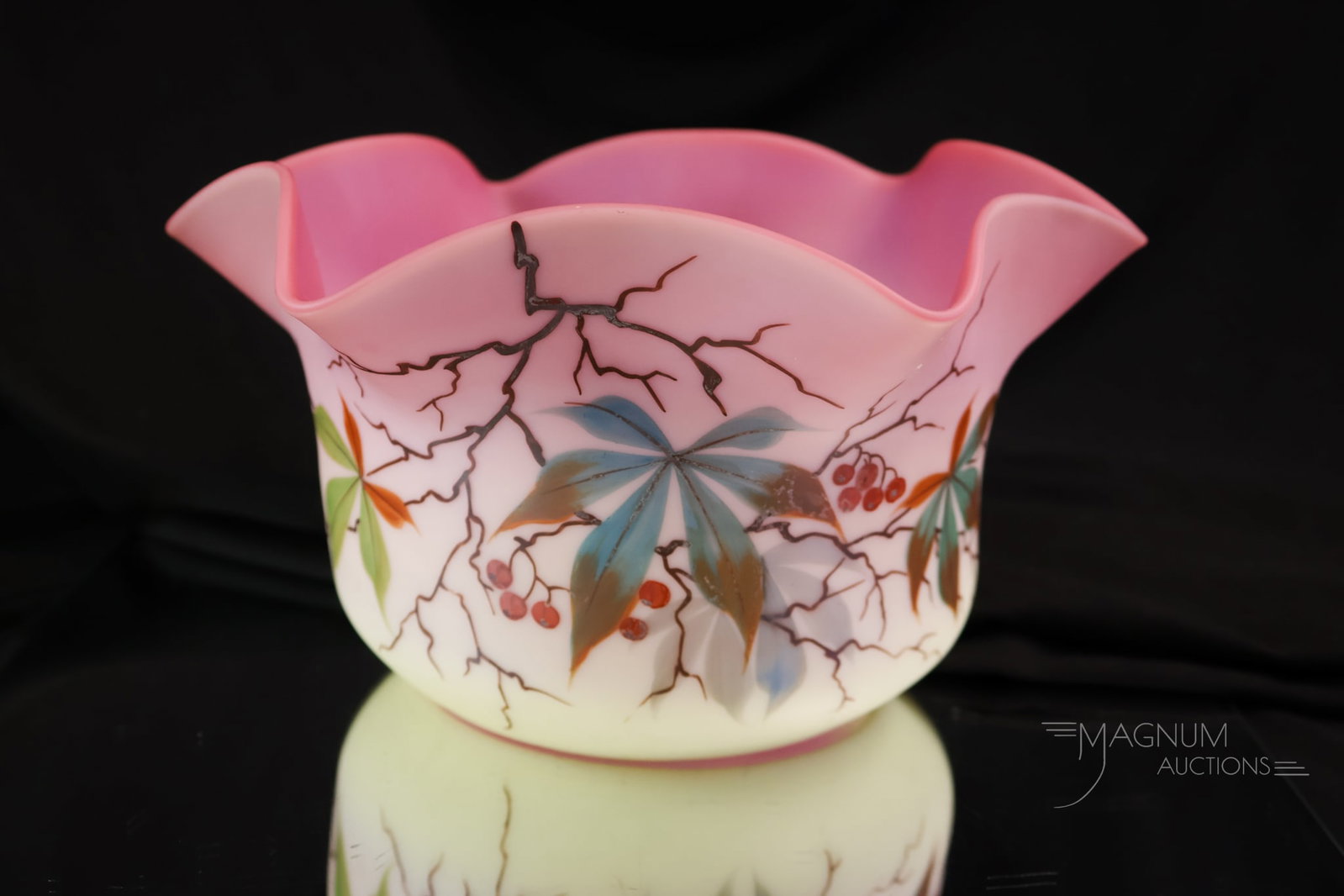 Rare Webb Decorated Burmese Victorian Oil Lamp Gas Art Glass Shade: A rare find in a Victorian oil or gas lamp shade. This is a decorated Webb burmese shade. It has exceptional coloring and decoration. The shade measures 4 3/4" tall, 9" in diameter, and has a 4 1/4" f