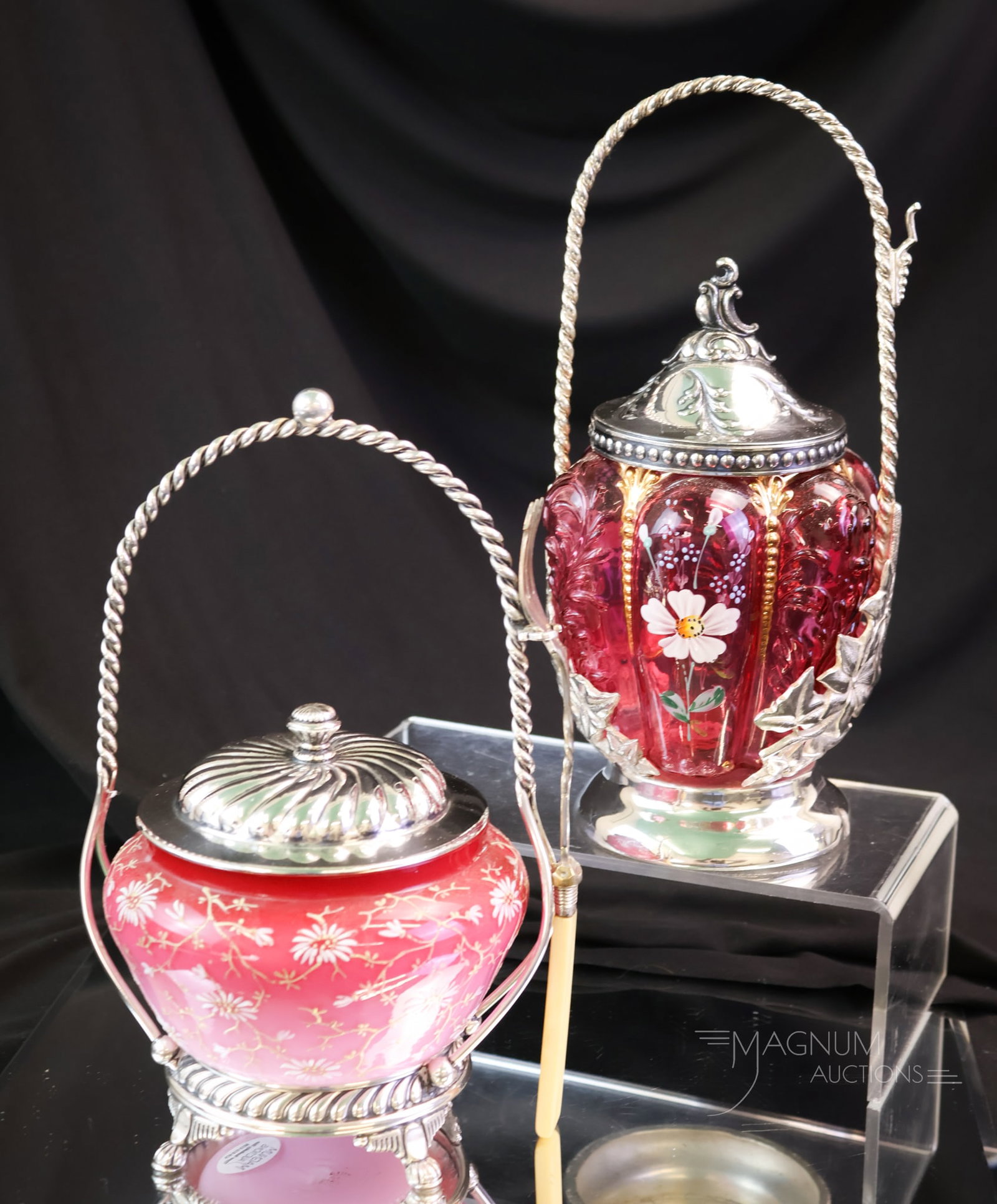 2 pc Lot Victorian Glass & Silverplate Pickle Castors Barbour & Northwood (1 of 9)