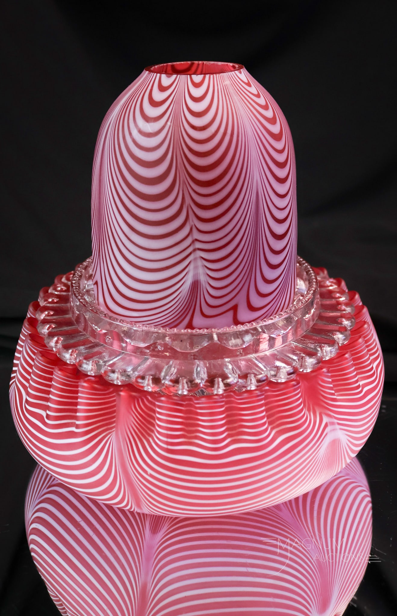 Victorian Cranberry Nailsea Art Glass Fairy lamp: A wonderful find in a Victorian Nailsea fairy lamp. This one is in a rich cranberry color and has a matching base and a signed "Clarke Portieux" insert. The lamp measures 6 1/2" tall and 5 1/2" wide.