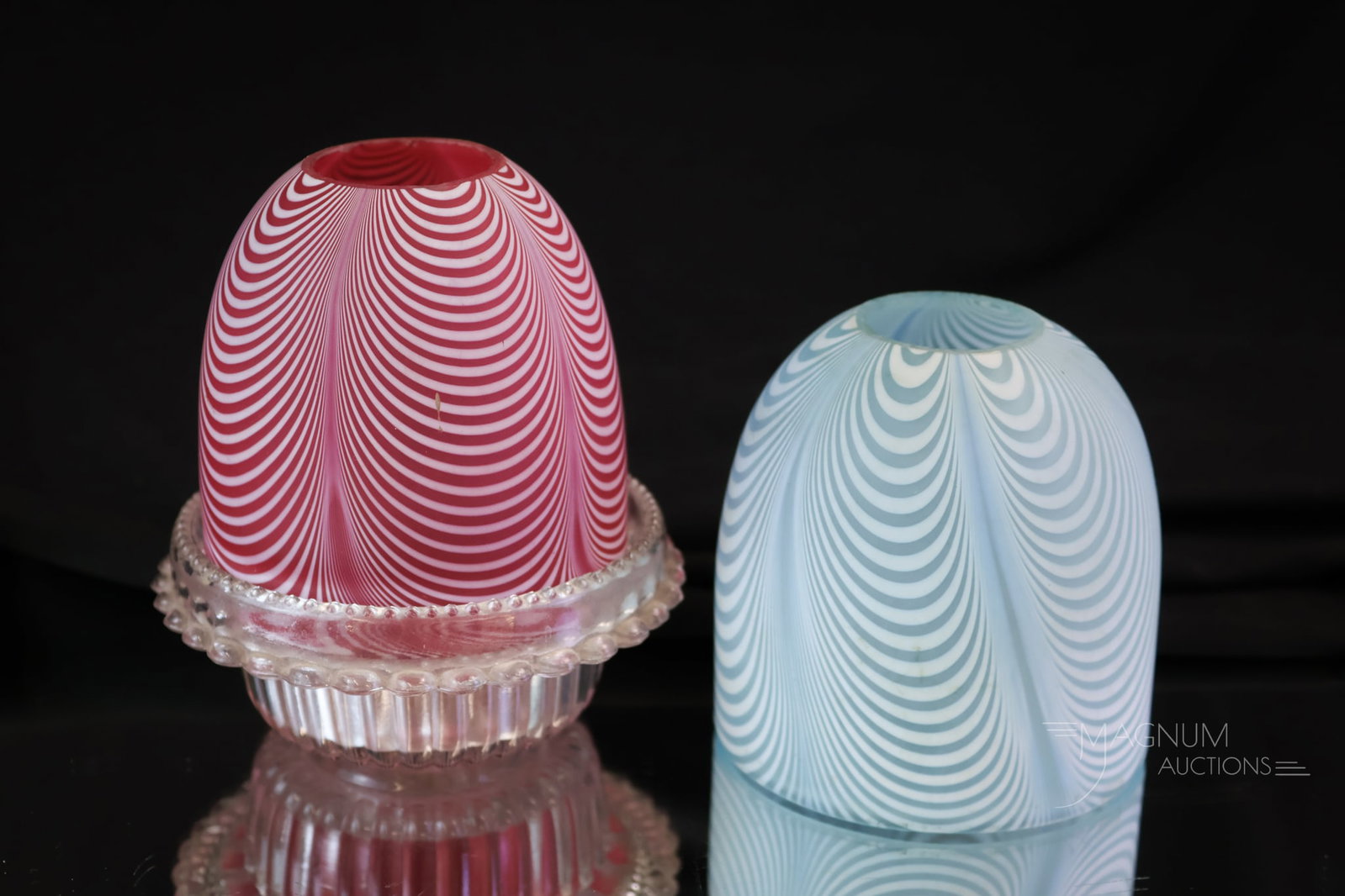 3 pc Lot Victorian Nailsea Art Glass Shades & More: A three-piece lot of Victorian fairy lampshades and more. This lot includes a Clarke's insert, along with two Nailsea art glass shades. One in blue and one in cranberry. The tallest of the lot