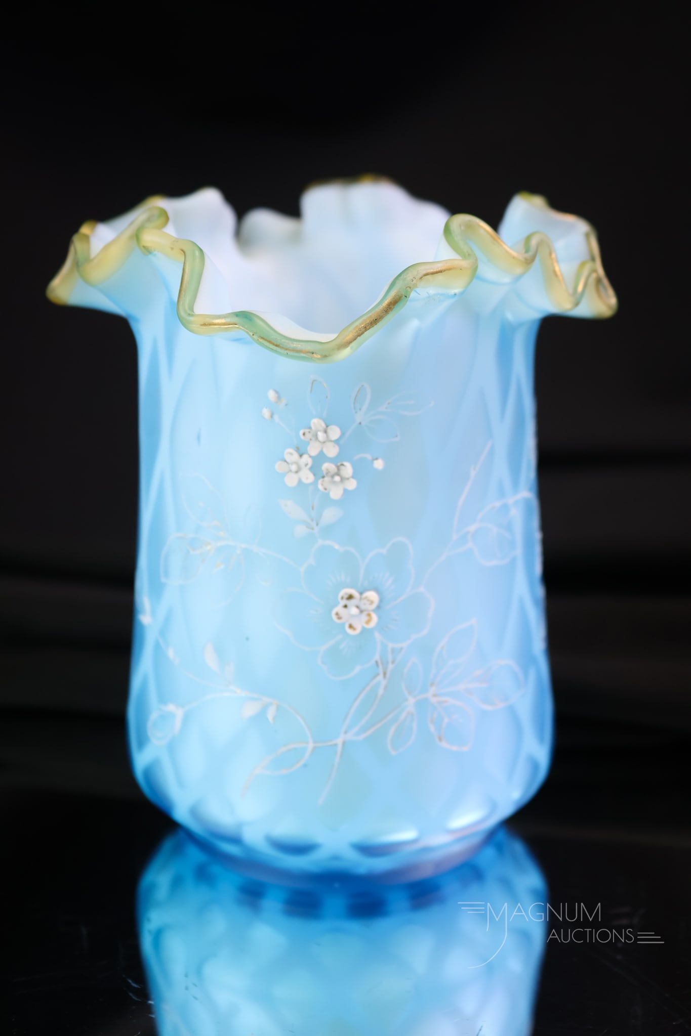 Victorian Blue Satin Diamond Quilted Mother of Pearl Decorated Glass Vase (1 of 4)
