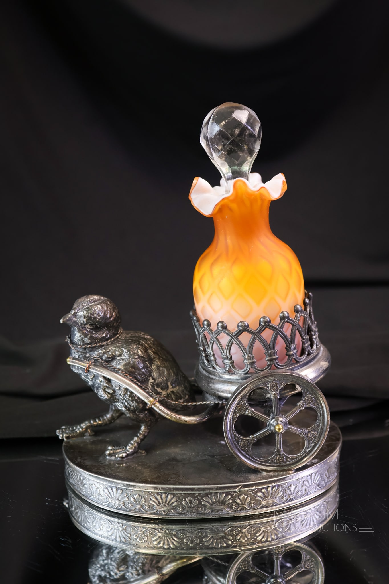 Tufts Silverplate Victorian Figural Mother of Pearl Glass Perfume Castor: What a charming piece this is! It is a Victorian signed Tufts silverplate figural chick pulling a cart. The cart holds a diamond quilt mother of pearl satin glass perfume bottle. This