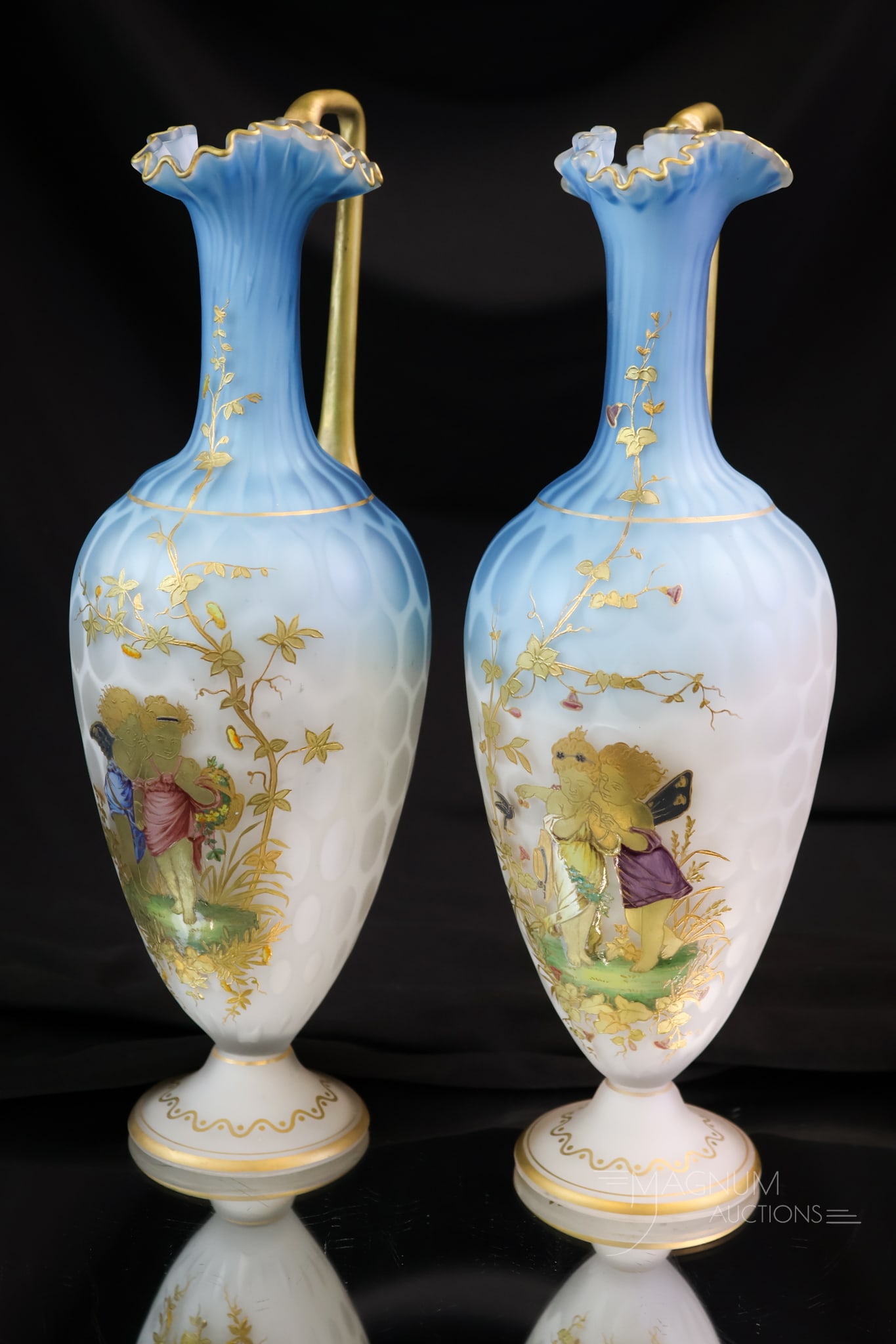 Very Rare Museum Pair Portrait Gilt Decorated Mother of Pearl Satin Glass 11" Ewers (1 of 8)