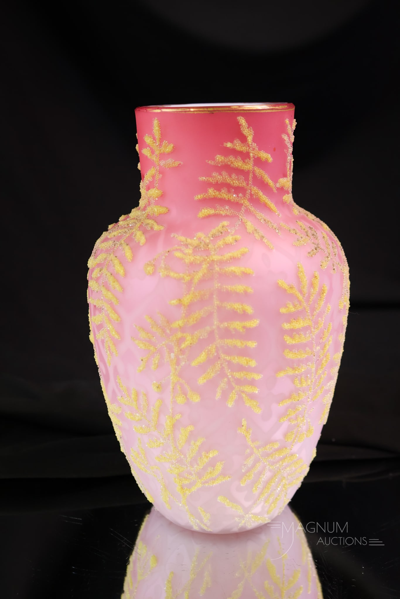 Rare Victorian Mother of Pearl Maltese cross Coralene Art Glass Vase: A select find in Victorian mother-of-pearl satin glass. This is a vase in a Maltese cross pattern. The vase has additional rare decoration of leaf and berry coralene. In yellow. The vase measures 7"
