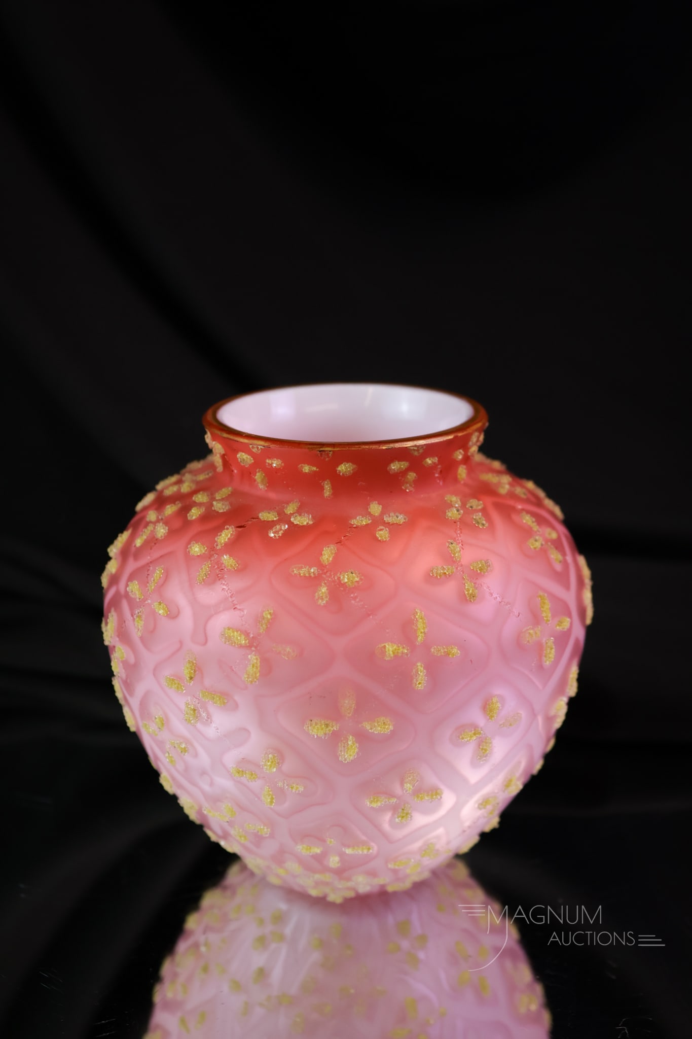 Victorian Maltese Cross Mother of Pearl Satin Glass Coralene Decorated Vase: A lovely Victorian Maltese Cross pattern mother-of-pearl satin glass vase with yellow coralene decoration. This little charmer measures only 3 3/4" tall and 3 1/2" wide.