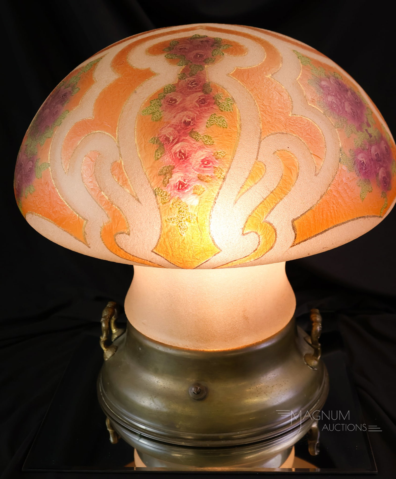 Pittsburgh Antique Obverse Painted Large Art Nouveau Mushroom Lamp: A beautiful and most unusual antique table lamp. This is a Pittsburgh obverse-painted "Mushroom" lamp. This is the larger of the two sizes that were made. The shade is decorated with bouquets of pink 