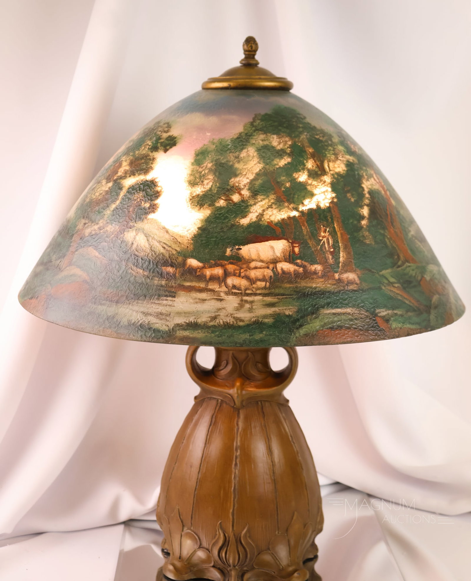 Pittsburgh Antique Reverse Painted Pastoral Table Lamp w/ Owl Base (1 of 14)