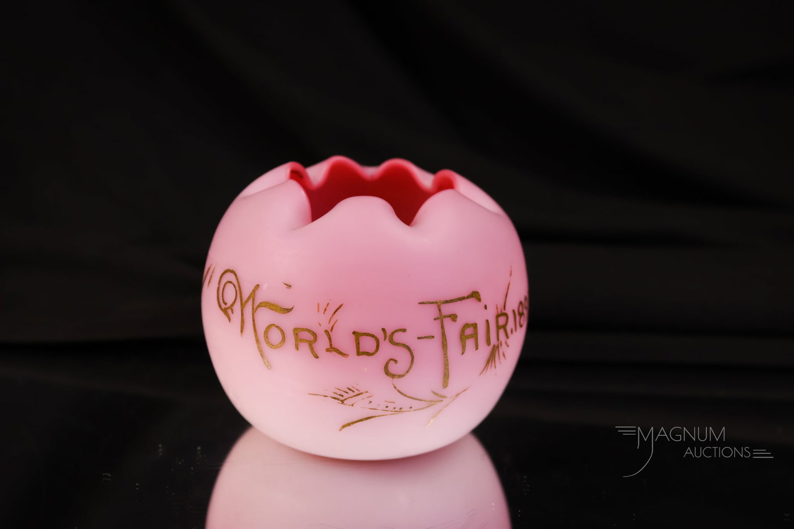 New England Peachblow Victorian Glass World's Fair 1893 Souvenir Rose Bowl: Another charming find in New England Peachblow Victorian glass. This is a rose bowl that was a souvenir of the World's Fair in 1893. This one has perfect graduated coloring and fine gilt decoration. T