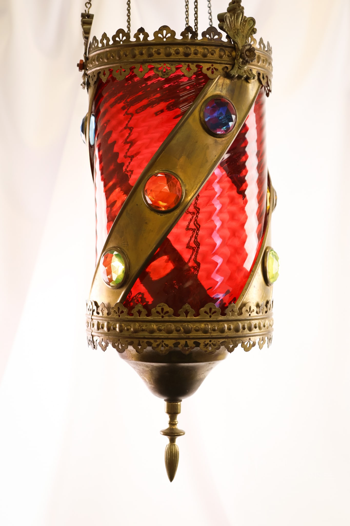 Victorian Cranberry Glass Brass Uranium Jeweled Hanging Hall Lamp (1 of 11)
