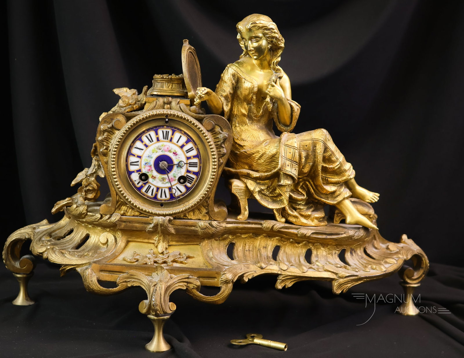 19th Century French Gilt Bronze Mantle Clock Lady w/ Vanity Mirror (1 of 13)
