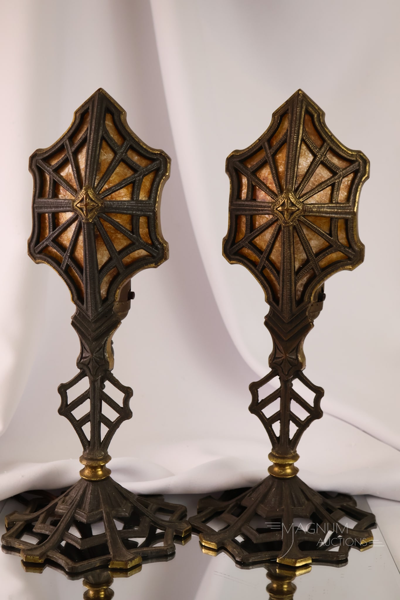 Pair Gothic Revival Cast Brass Mica Spider Web Lamps (1 of 6)
