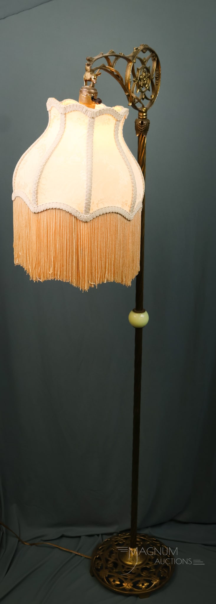 Antique Cast & Wrought Iron Gothic Revival Bird Cage Floor Lamp: A unique find in an antique floor lamp. This lamp is wrought and cast iron. The top features a bird cage-style lamp with flowering vines in the metalwork. The cylinder shade is frosted glass. The