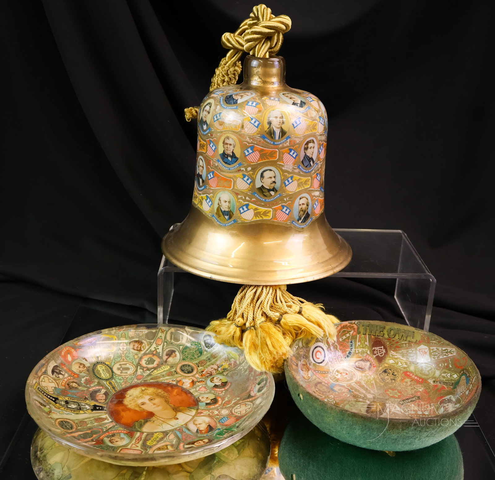 3 pc Lot Victorian Antique Cigar Label Glass Decoupage Items: Three selections that are collection-enhancing and rare to find. These are Victorian cigar label decoupage glass items. The lot offers two bowls and a bell. The tallest measures 7".