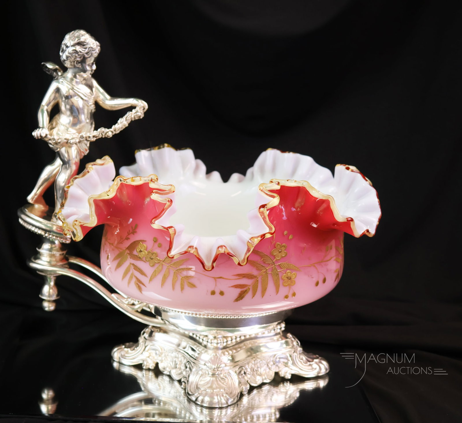 Wilcox Figural Cherub Silverplate Victorian Peachblow Gilt Enamelled Brides Bowl Centerpiece: A gorgeous figural signed Wilcox Victorian silverplate and peachblow art glass bride's bowl centerpiece. This magnificent find will be a highlight of your collection. The bowl is rich in uranium and
