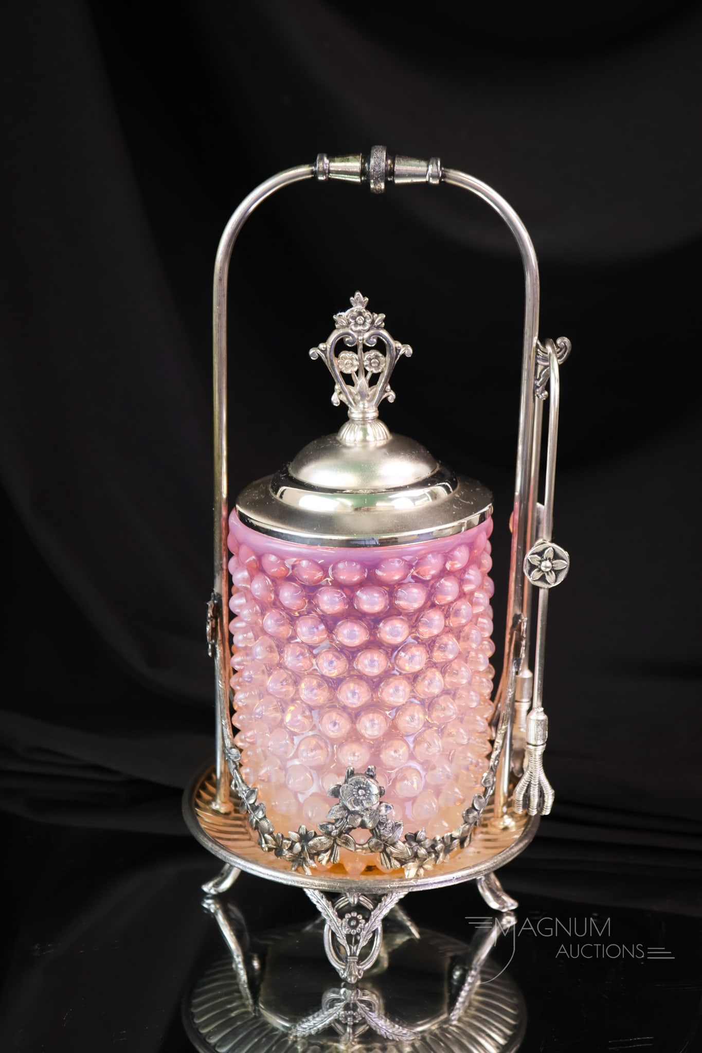 Reed & Barton Victorian Silverplate Pink Opalescent Hobnail Pickle Castor: A wonderful find in a Victorian pretty in pink pickle castor. This one has a signed Reed and Barton silverplate frame. It holds a shrimp pink opalescent Hobnail pattern pickle jar. The castor