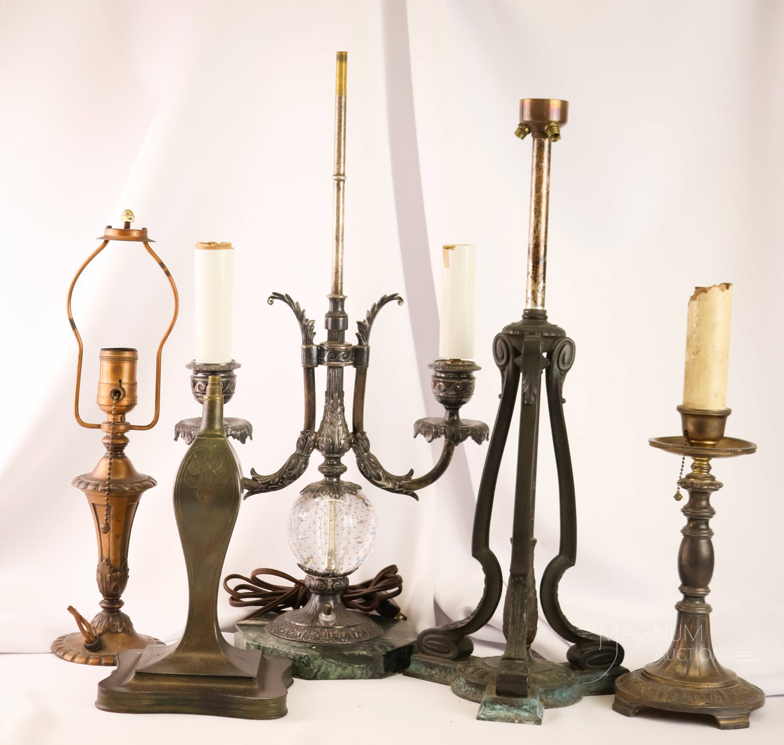 5 pc Lot Pairpoint Antique Reverse Painted Puffy Lamp Bases: Five unique finds in Pairpoint reverse-painted lamp bases. The tallest measures 20 1/2" tall. There is a controlled bubble in the mix.