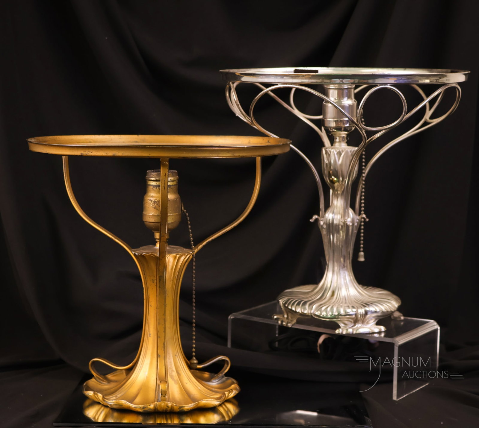 2 pc Lot Pairpoint Puffy Reverse Painted Antique Lamp Bases: Two fine examples of beautiful Pairpoint Puffy reverse-painted table lamp bases. Each in a unique style and finish. Each has a 10" shade ring, and the tallest measures 11". Both examples appear to