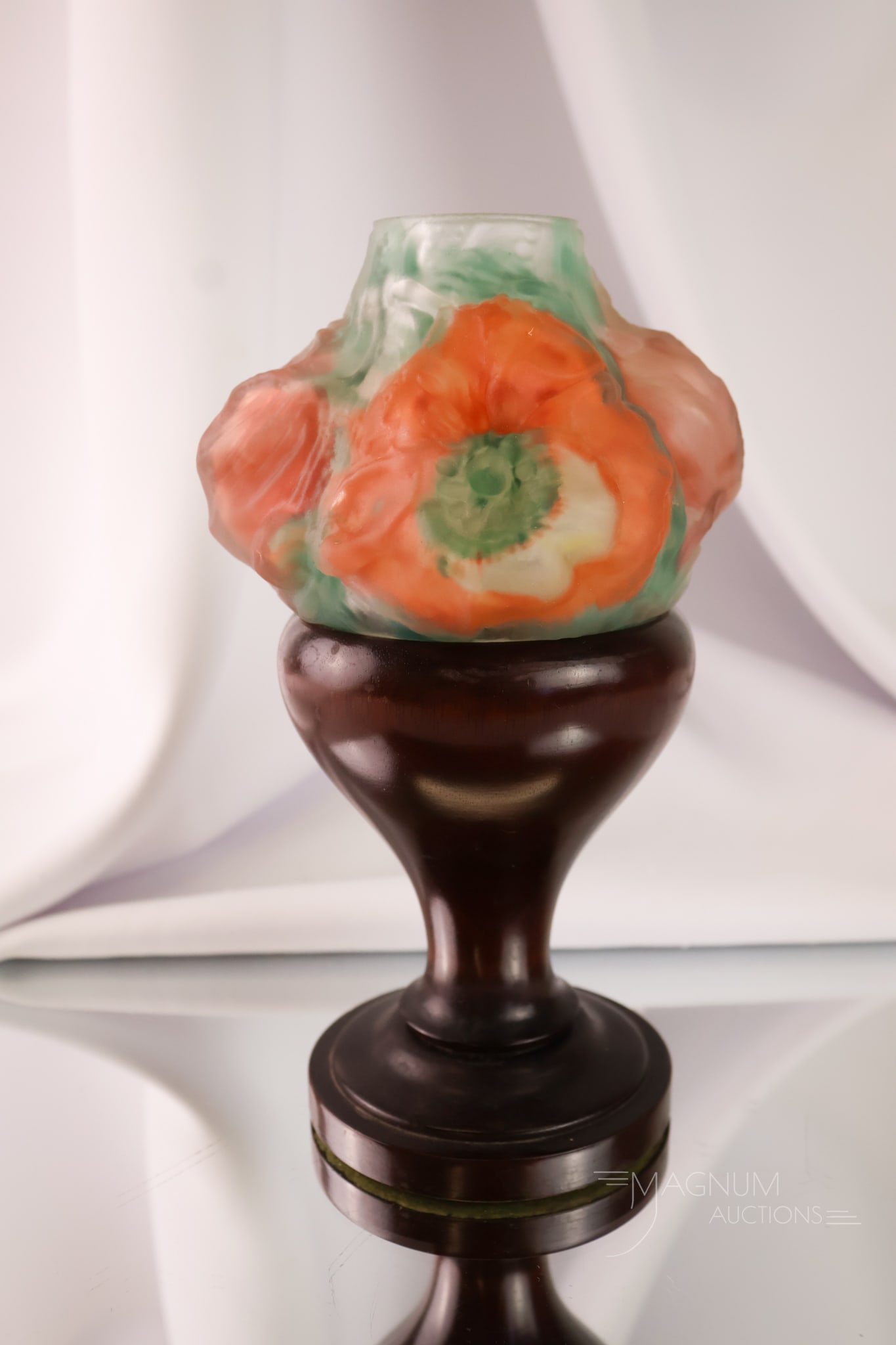 Pairpoint Puffy Reverse Painted Poppy Candle Lamp Mahogany Base: A charming signed Pairpoint Puffy reverse-painted candle lamp shade on original mahogany wood base. This lovely little lamp features a shade decorated with colorful poppy flowers. The lamp measures