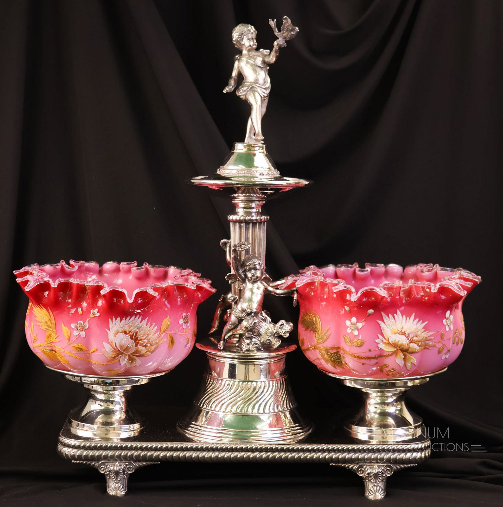 Southington Victorian Silverplate Double Peachblow Uranium Glass Brides Bowl Figural Centerpiece: A massively impressive Victorian Southington silverplate double bride's bowl figural centerpiece. This gorgeous find features dual peachblow-decorated uranium-rich bride's bowls. The piece is