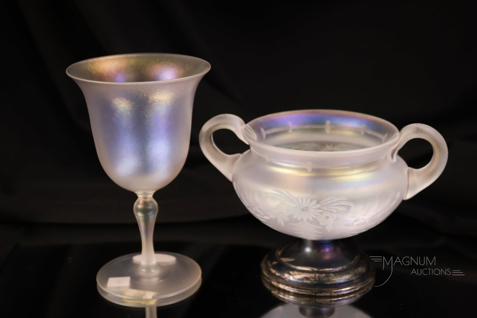 2 pc Lot Steuben Verre De Soie Art Glass & Hawkes Sterling: Two lovely finds in Steuben Verre De Soie art glass. The lot includes a cordial along with a sugar bowl with Hawkes cutting and a sterling foot. The tallest measures 5" tall.