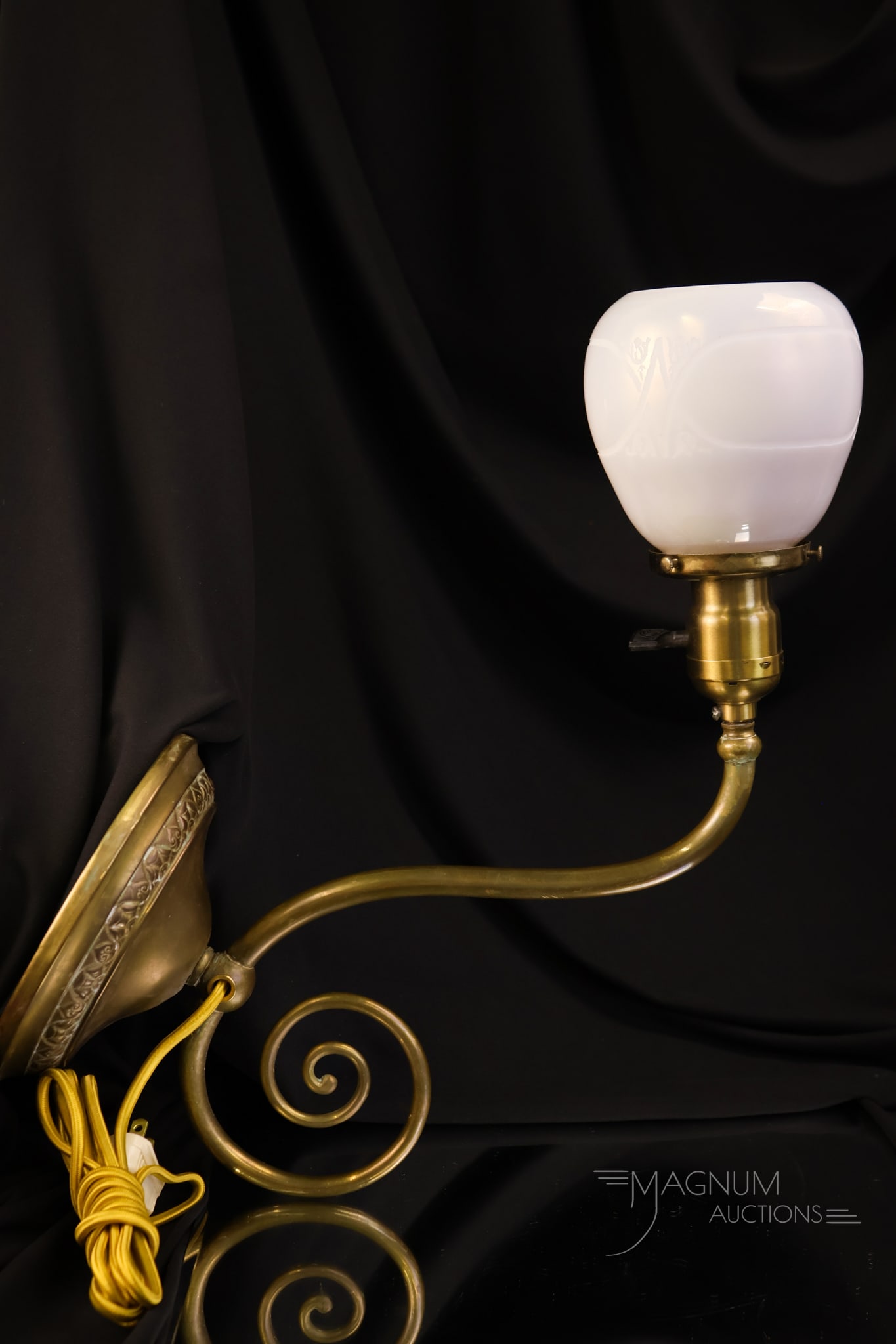 Steuben Ivrene Engraved Art Glass Antique Desk Lamp: A beautiful example of an antique brass desk lamp. This lamp has a Steuben Ivrene engraved glass shade. The shade has an acid mark. The piece measures 13" tall and 15" wide. The lamp appears to have