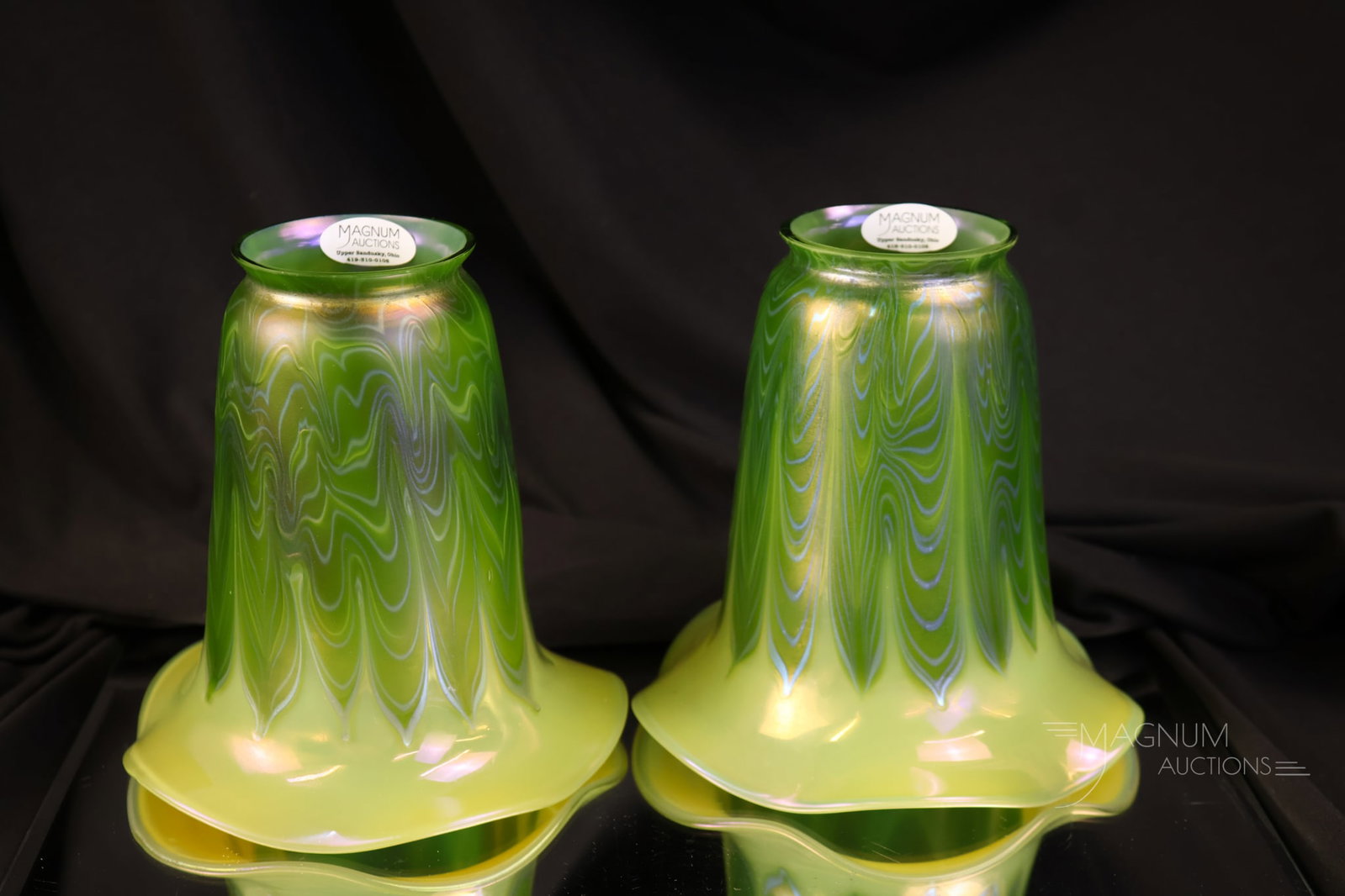Pair Loetz PG 6289 Gold Green Blue iridescent Art Glass Shades circa 1908 (1 of 5)