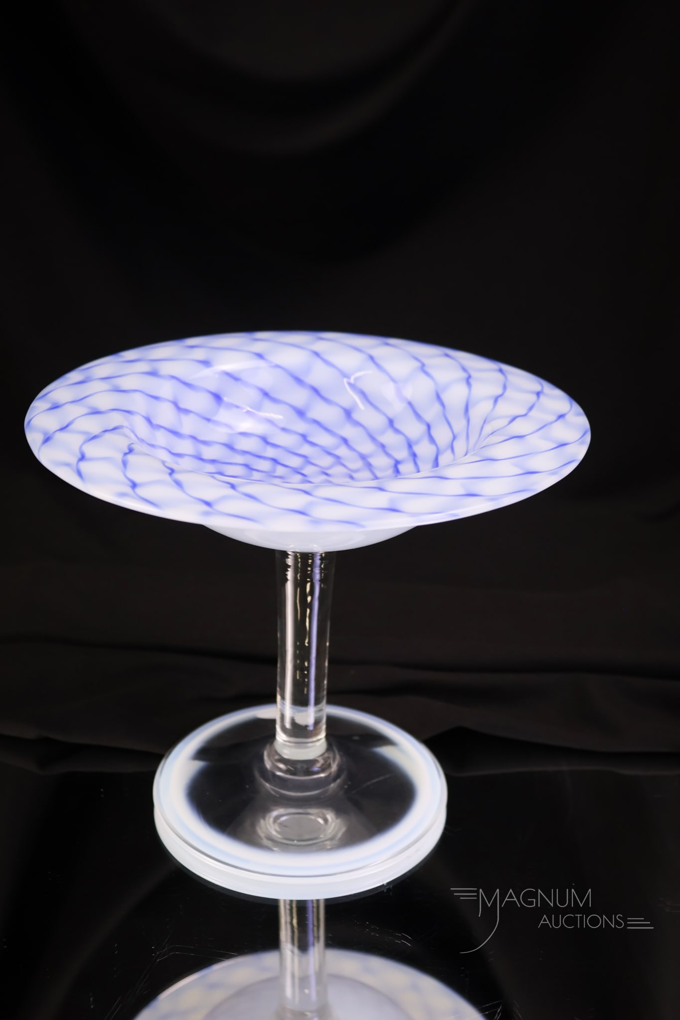 Signed Libbey Cased Blue Swirls Opalescent Art Glass Compote (1 of 5)