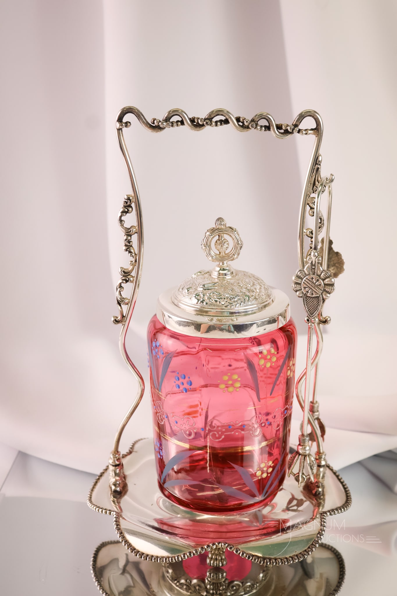 Van Bergh Victorian Silverplate Cranberry Enamelled Glass Pickle Castor (1 of 12)