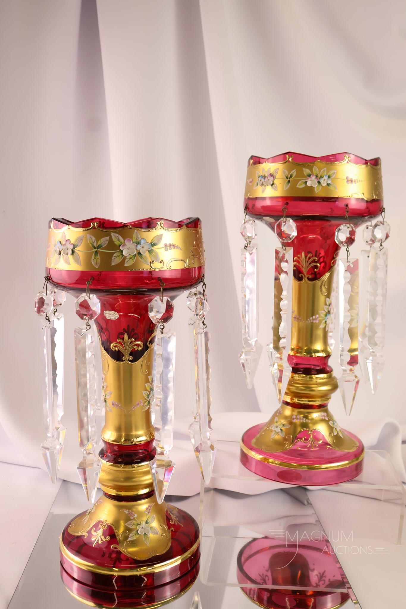 Pair Bohemian Cranberry Heavy Enameled Gilt Glass Art Glass Mantle Lusters (1 of 8)