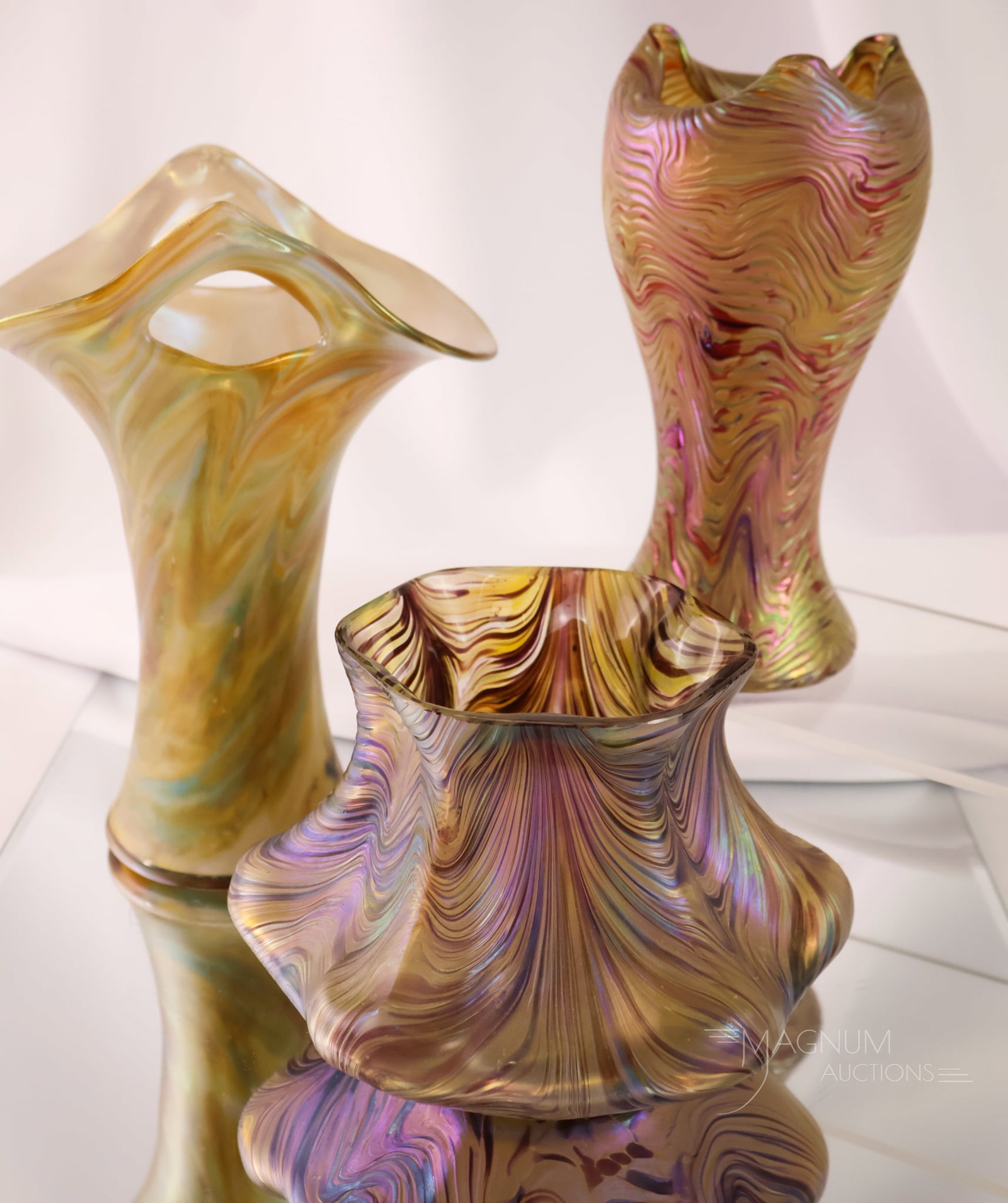 3 pc Lot Austrian Art Nouveau Antique Iridescent Kralik Art Glass Vases (1 of 10)