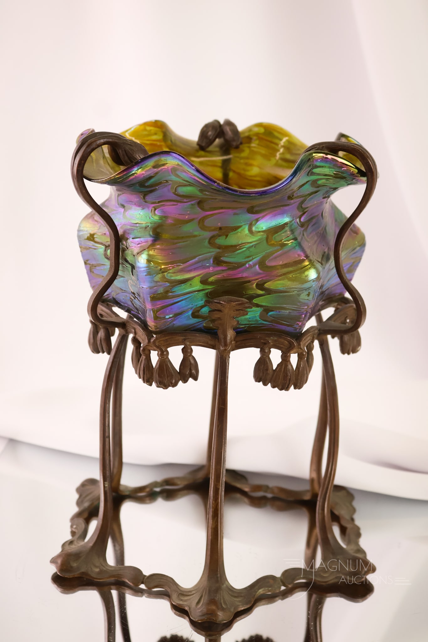 Jugendstil Art Nouveau Kralik Antique Bronze & Glass Vase: A gorgeous Jugendstil bronze mounbted Kralik art glass Art Nouveau vase. This piece is exceptional and has a beautiful iridescence. The vase measures 9" tall
