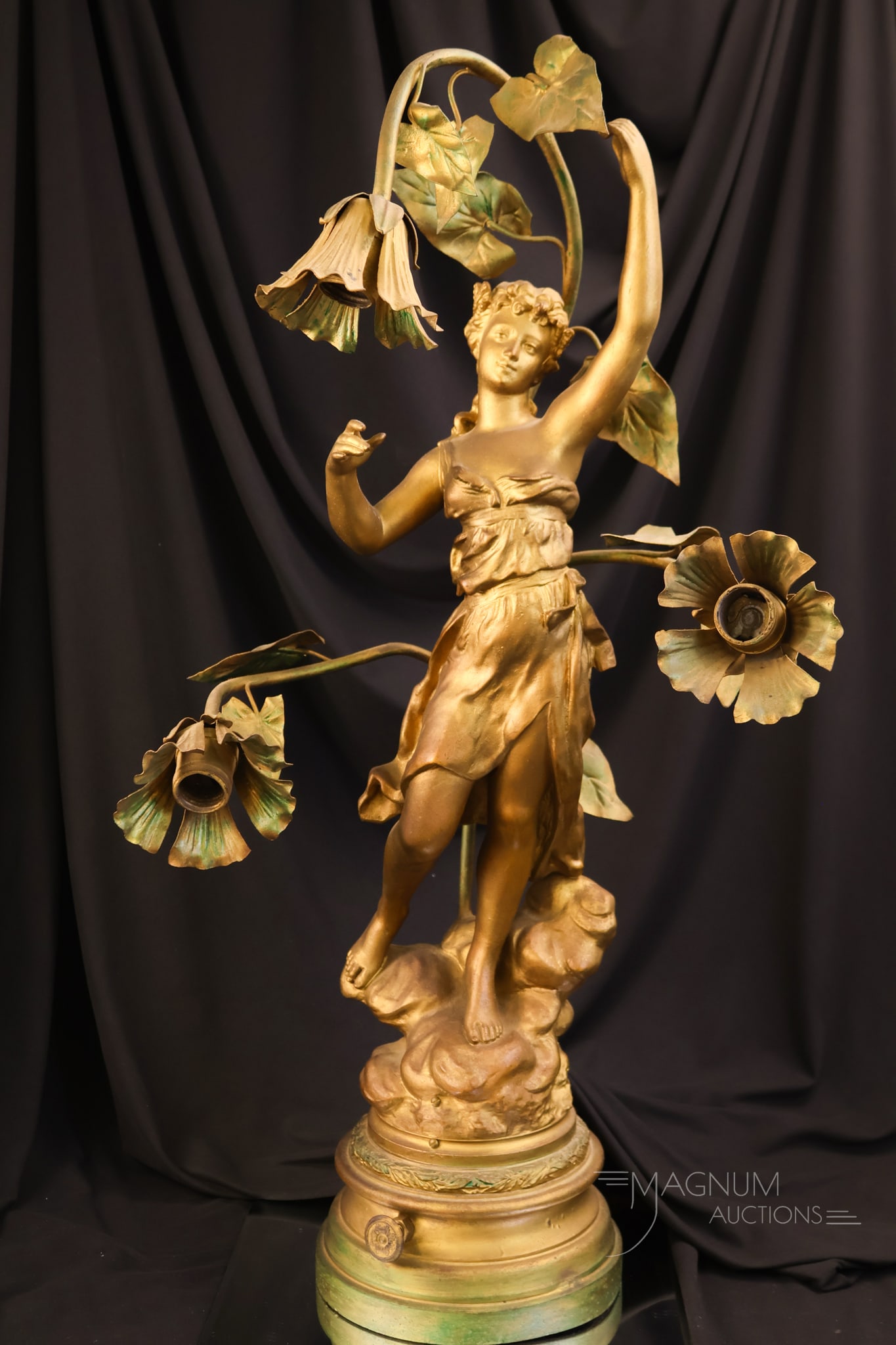 30" French Art Nouveau Spelter Figural Newel Post Lamp after Henryk Kossowski (1 of 12)