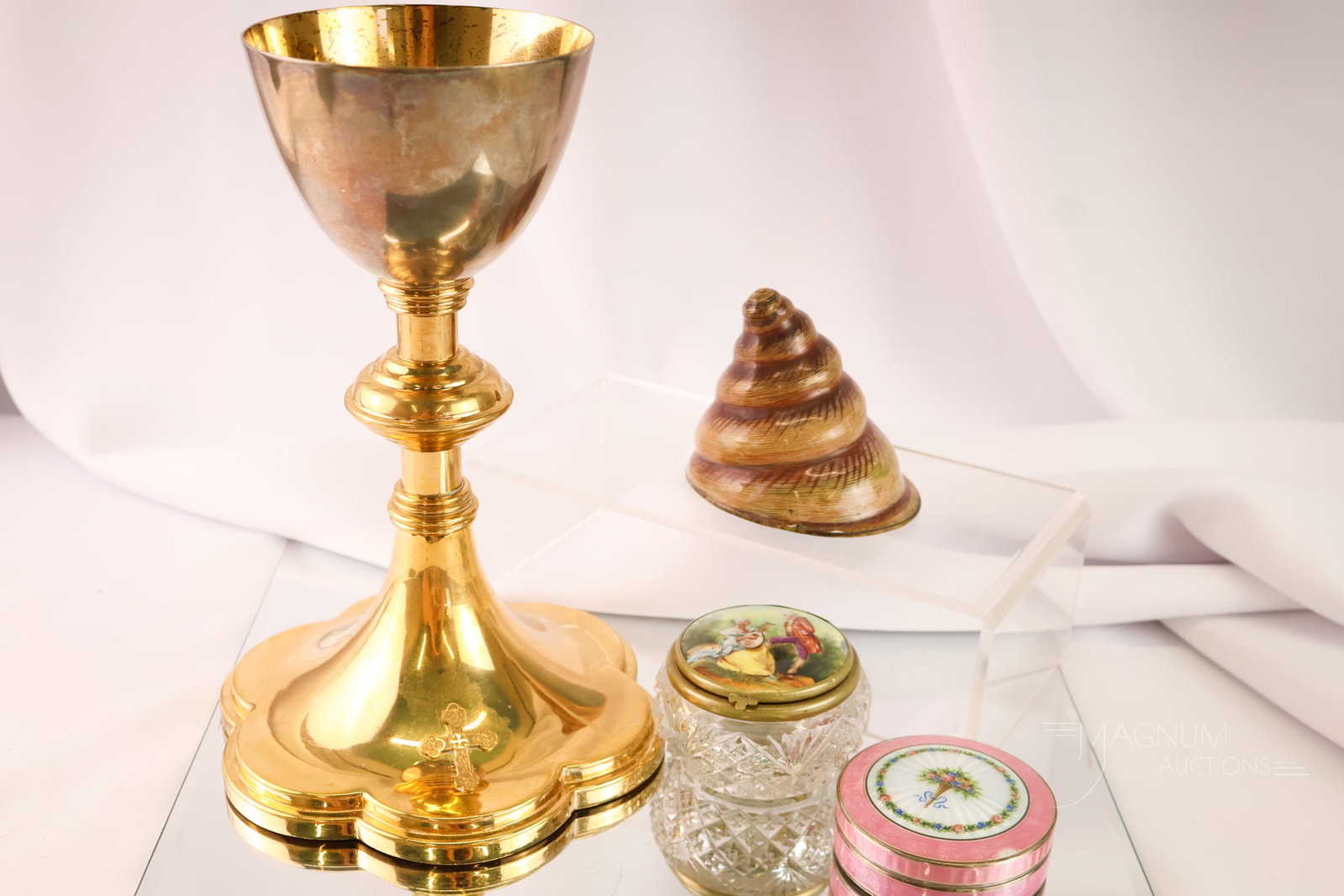 4 pc Lot Collectible Fancies: This lot offers four semi-desirable items you would have if given to you. The lot includes a Benziger Bros. Gothic chalice. The cup is marked sterling from the stem down; it is gilt brass. The second 