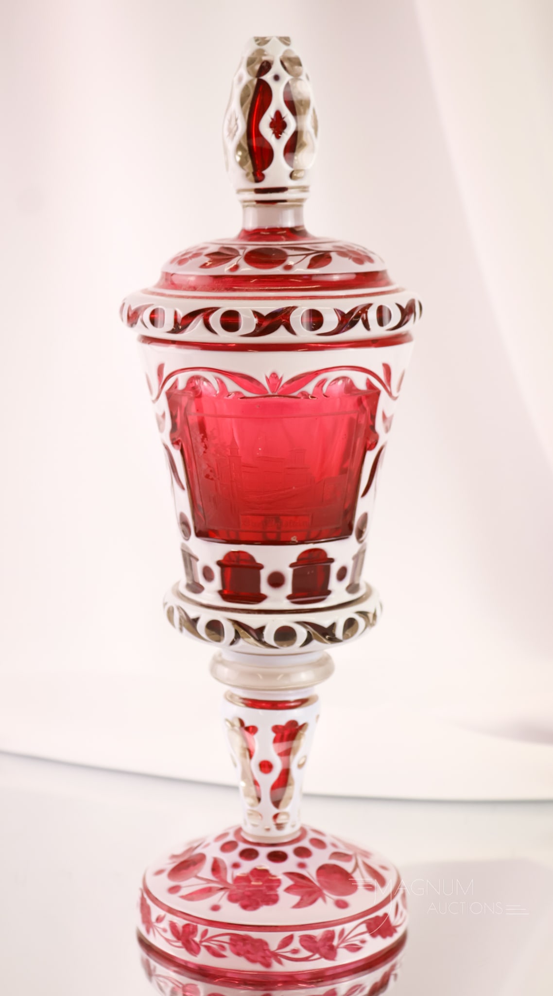 Bohemian Cranberry Cut Overlay Engraved Glass Covered Pokal Chalice (1 of 13)