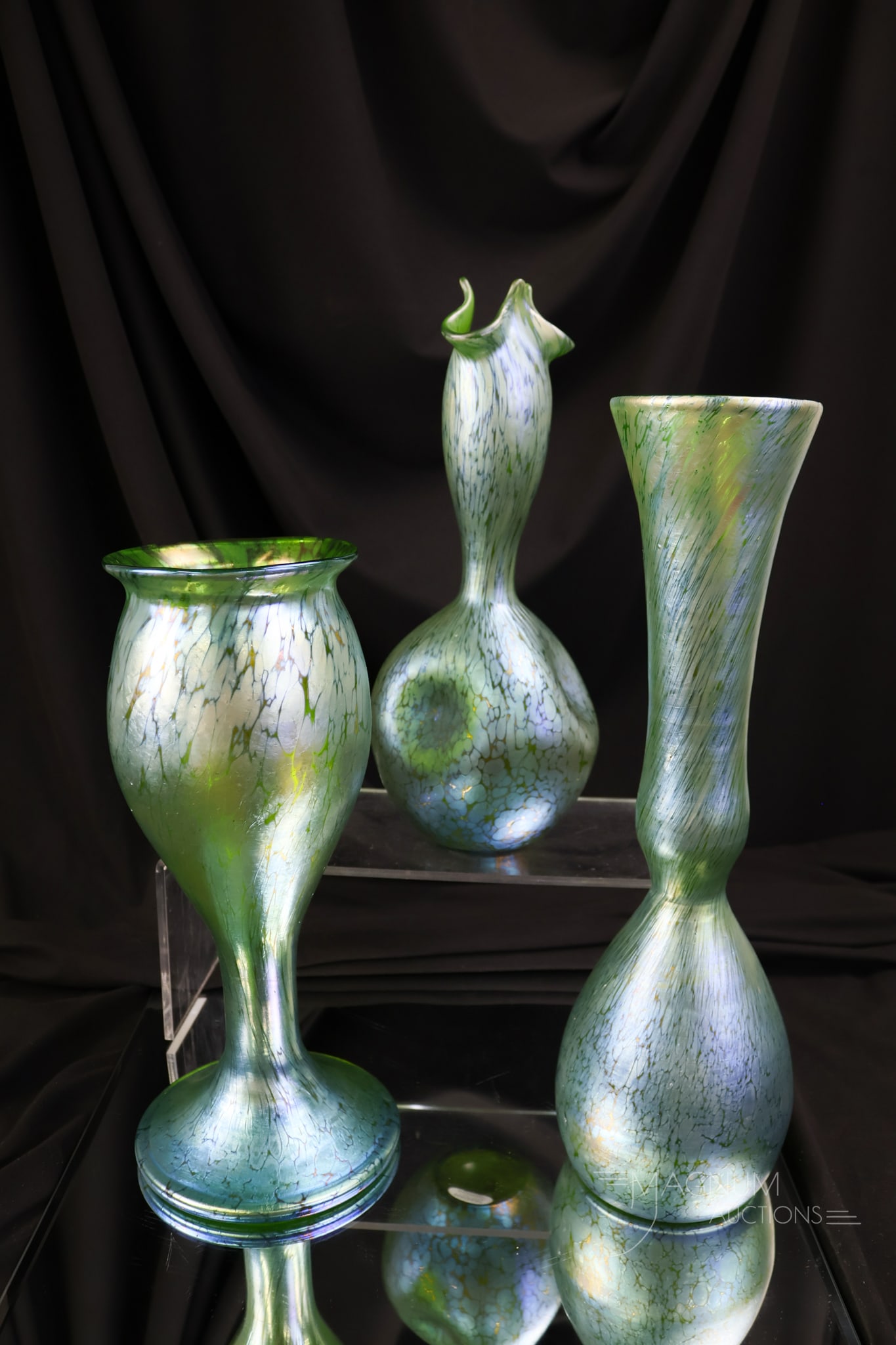 3 pc Loetz Art Nouveau Green Papillon Iridescent Glass Vase (1 of 7)