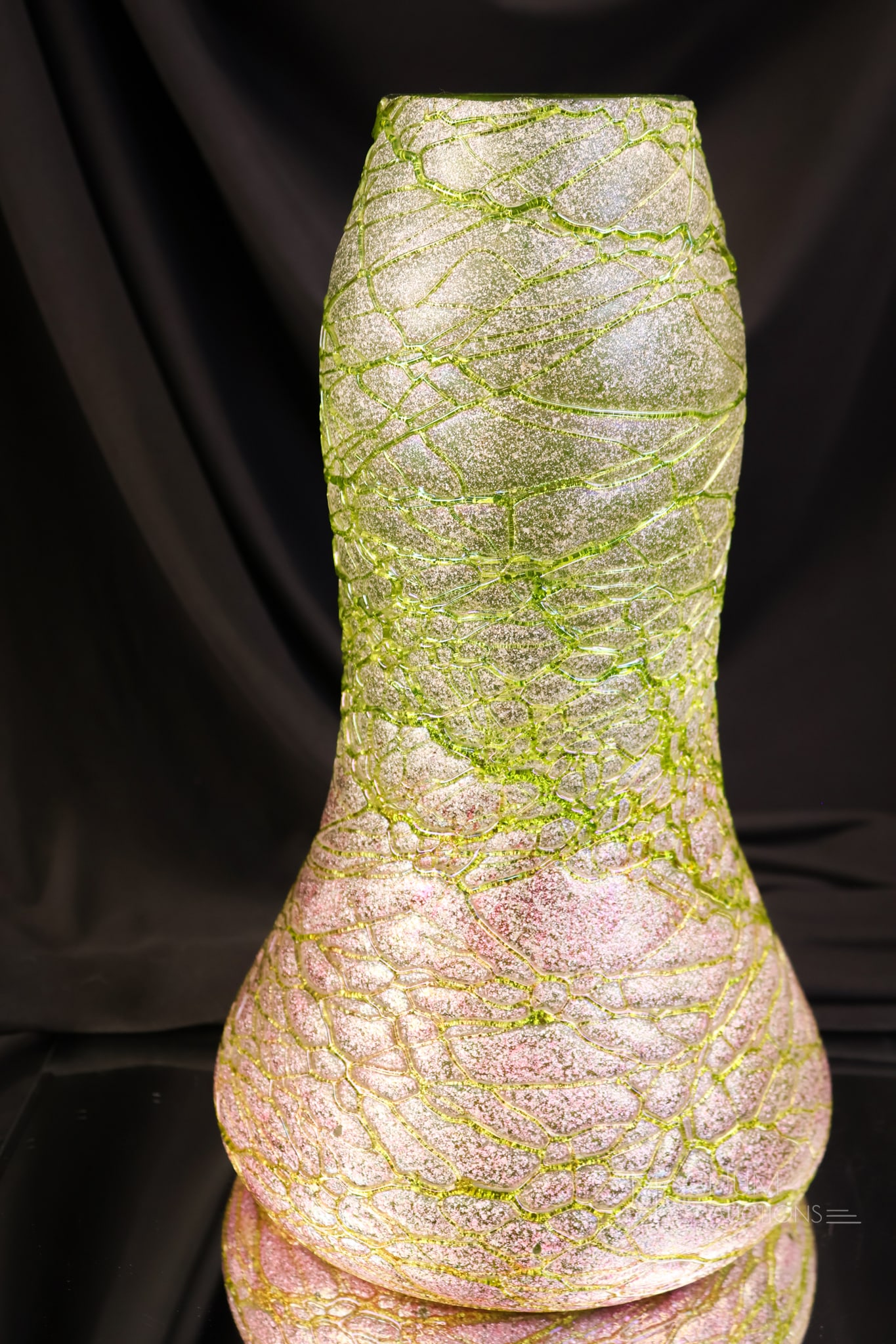 Kralik Silveria Art Nouveau Glass Vase: A large 12" tall Kralik Silveria Art Nouveau glass vase. This piece features a red-to-green coloring with green threads.