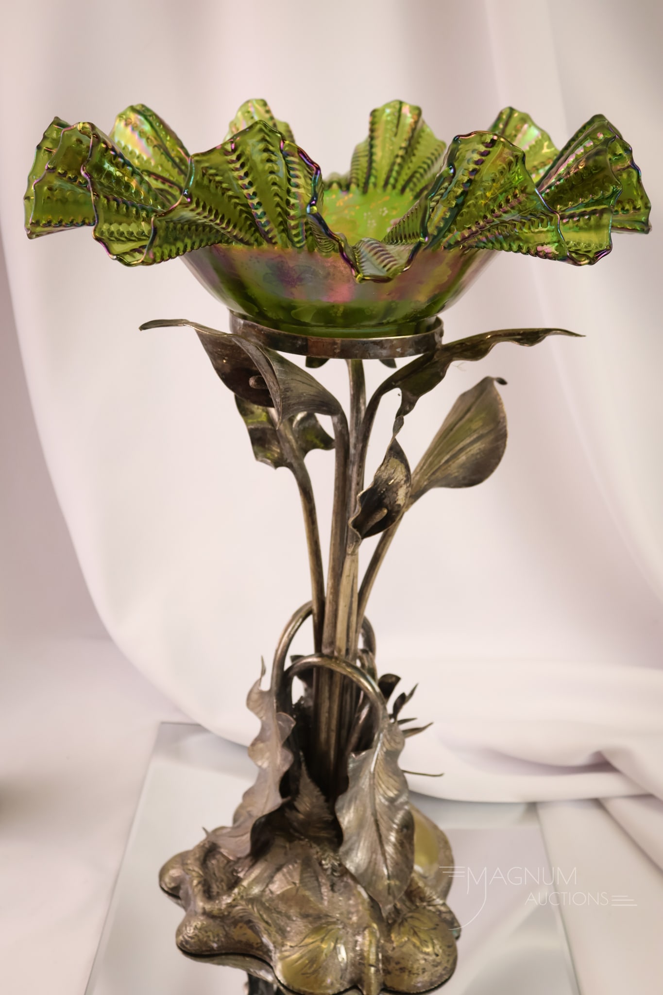 Victorian Art Nouveau Silverplate Figural Calla Lily Organic Loetz iridescent Bride's Bowl (1 of 11)