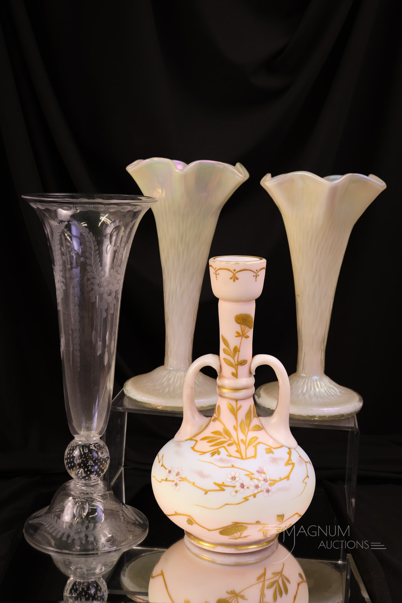 4 pc Lot Austrian Art Nouveau Antique Glass: Four divine pieces of antique Art Nouveau glass. Something for everyone in this lot. The tallest measures 12".