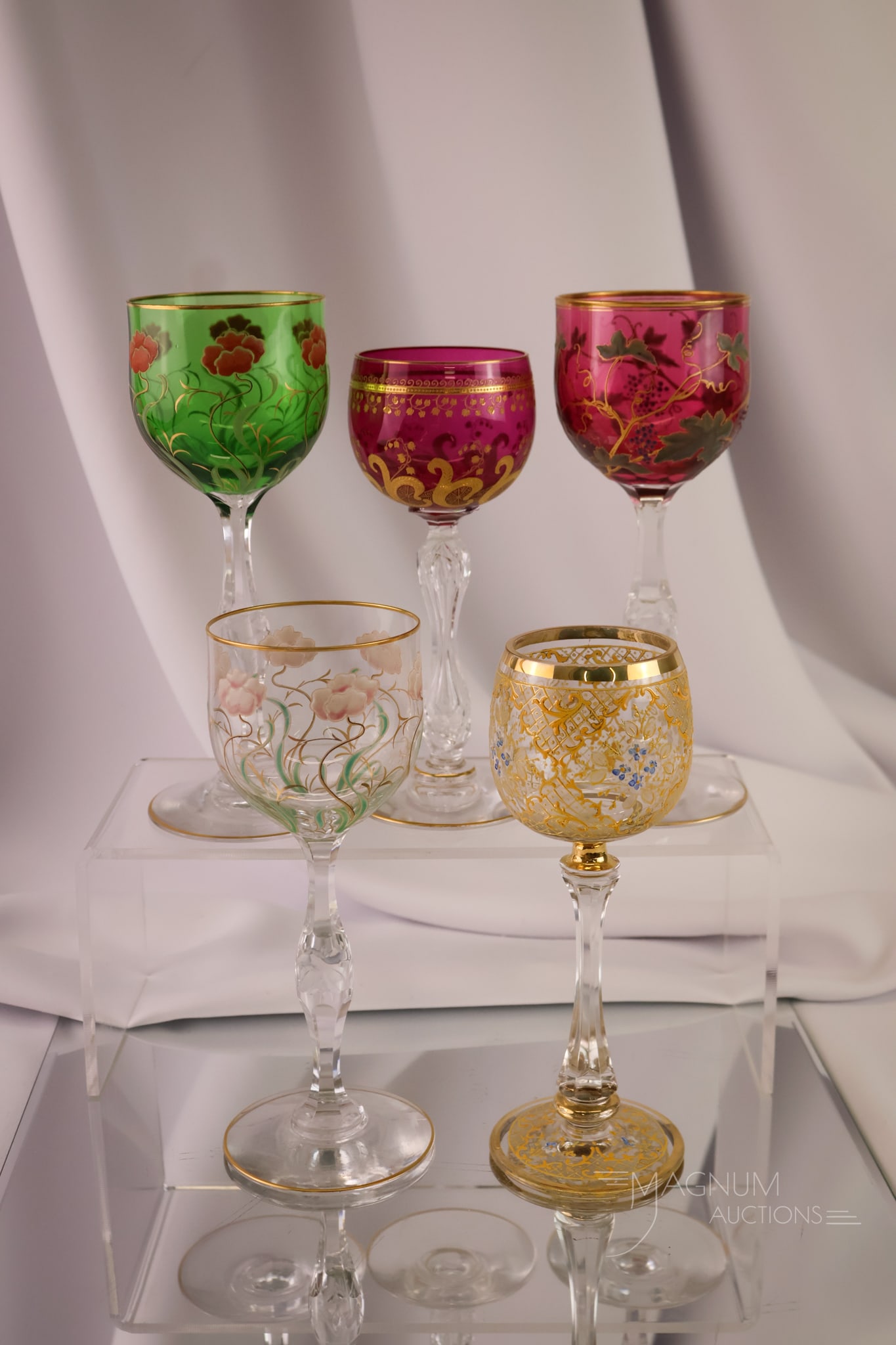 5 pc Lot Moser Style Decorated Glass Stems Cranberry & More (1 of 5)