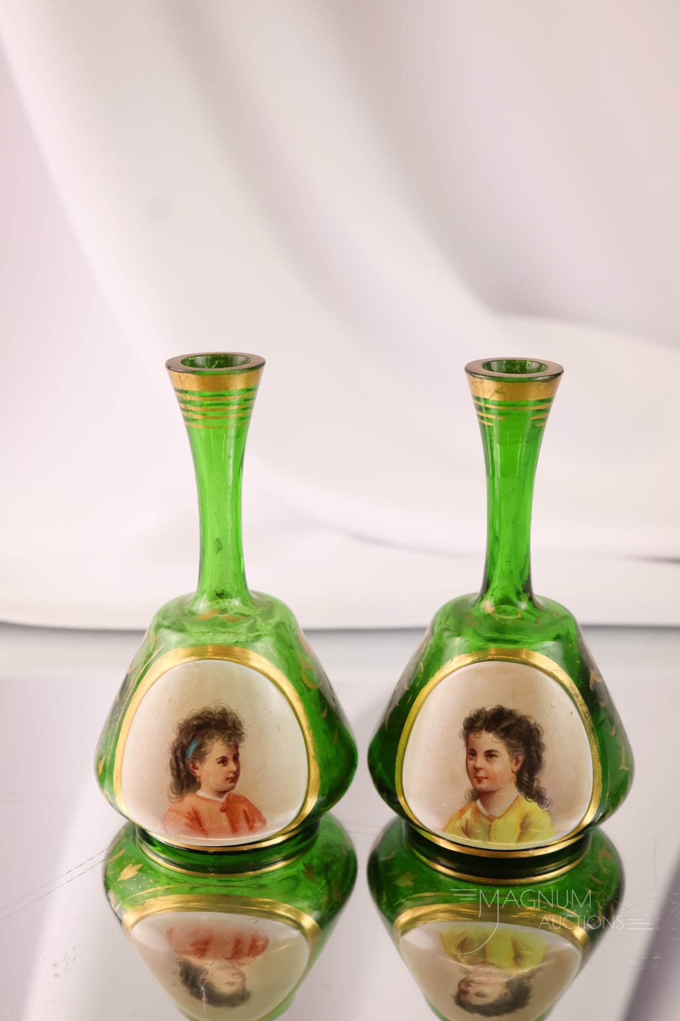 Pair Victorian Bohemian Moser Emerald Green Portrait Cabinet Glass Vases (1 of 4)