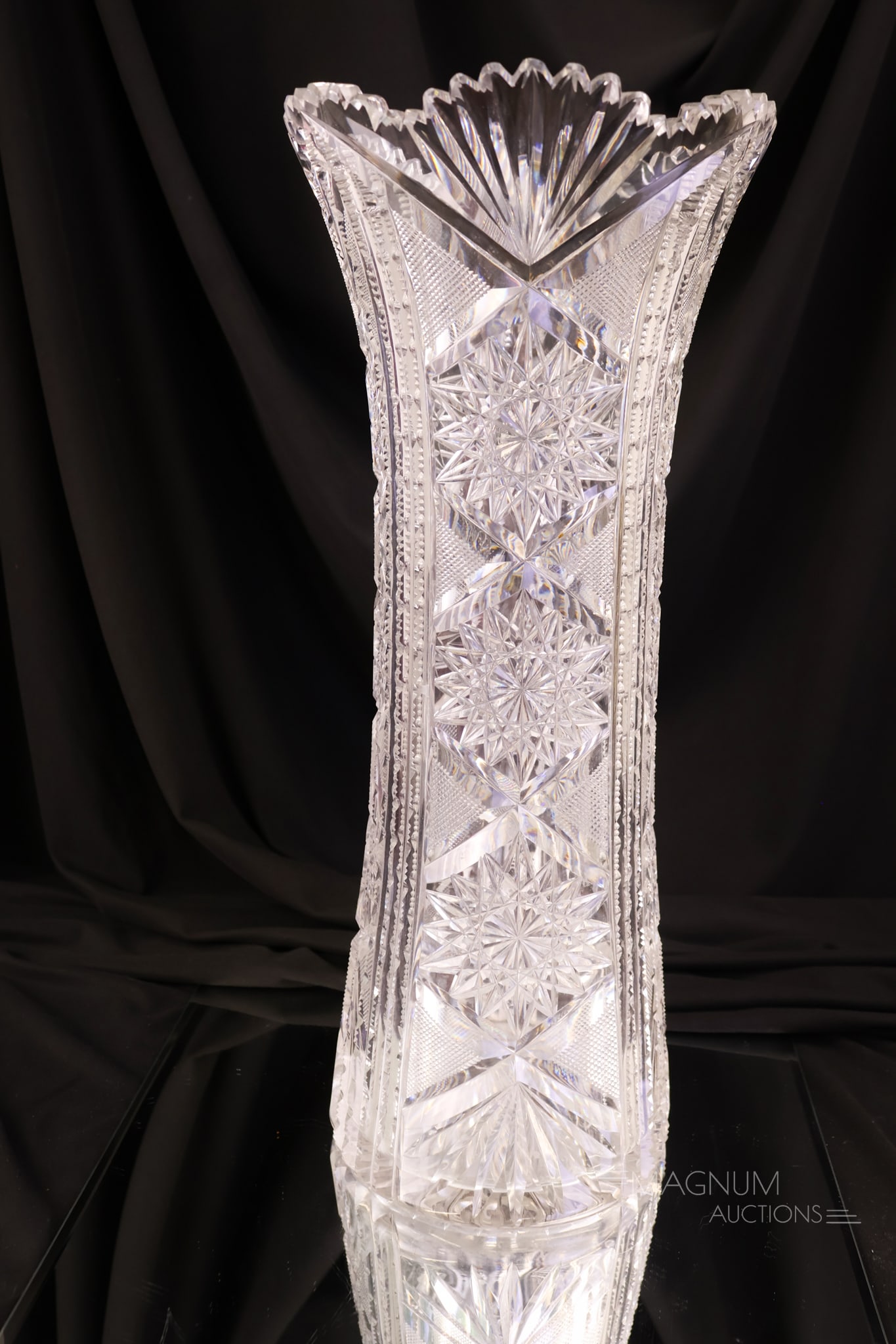 Signed Libbey 16" American Brilliant Period Cut Glass Monumental Vase: A fantastic find in a signed Libbey American Brilliant cut glass vase. This piece features gorgeous all-over cutting. The vase is monumentally large at 16" tall and 6 3/4" in diameter.